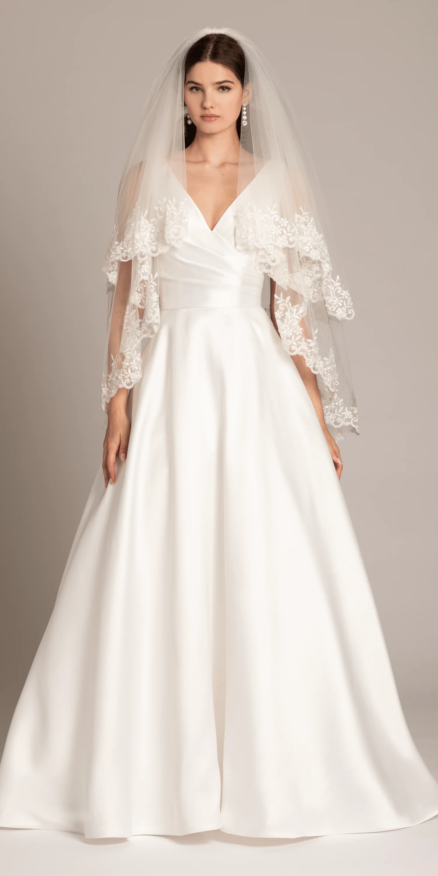 2 Tier Mesh Fingertip Veil with Pearl Appliques - Image 2