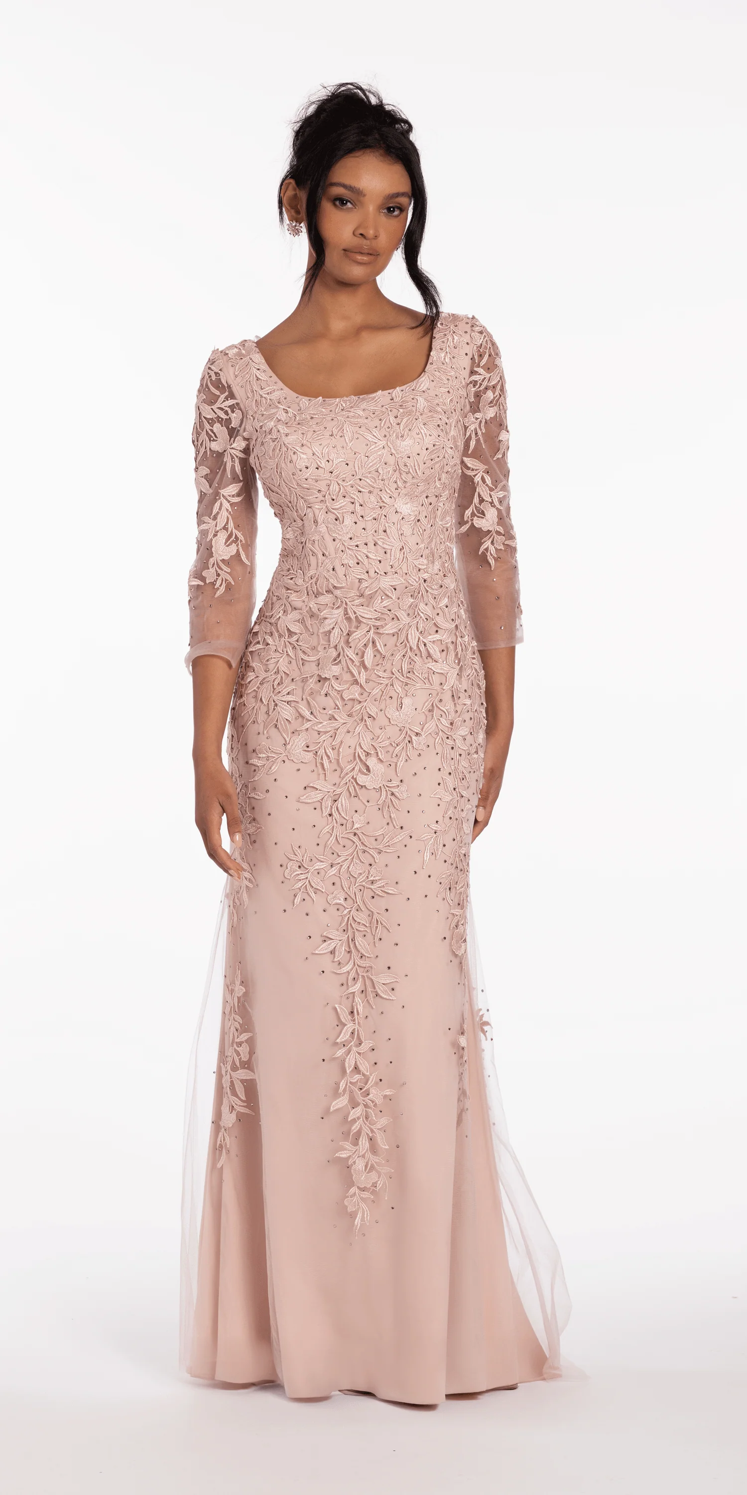 3/4 Sleeve Mesh Embroidered Column Dress with Heat Set Beads - Image 3