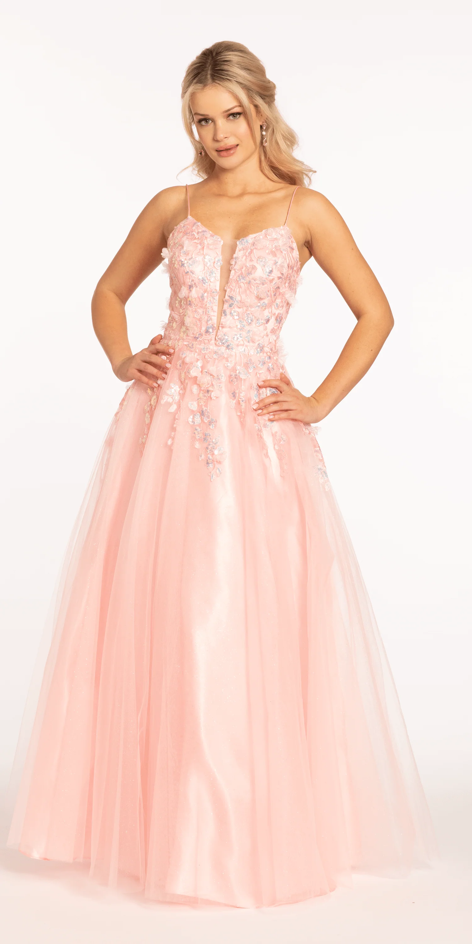 3 D Applique Glitter Mesh Plunge Lace Up Back Ballgown