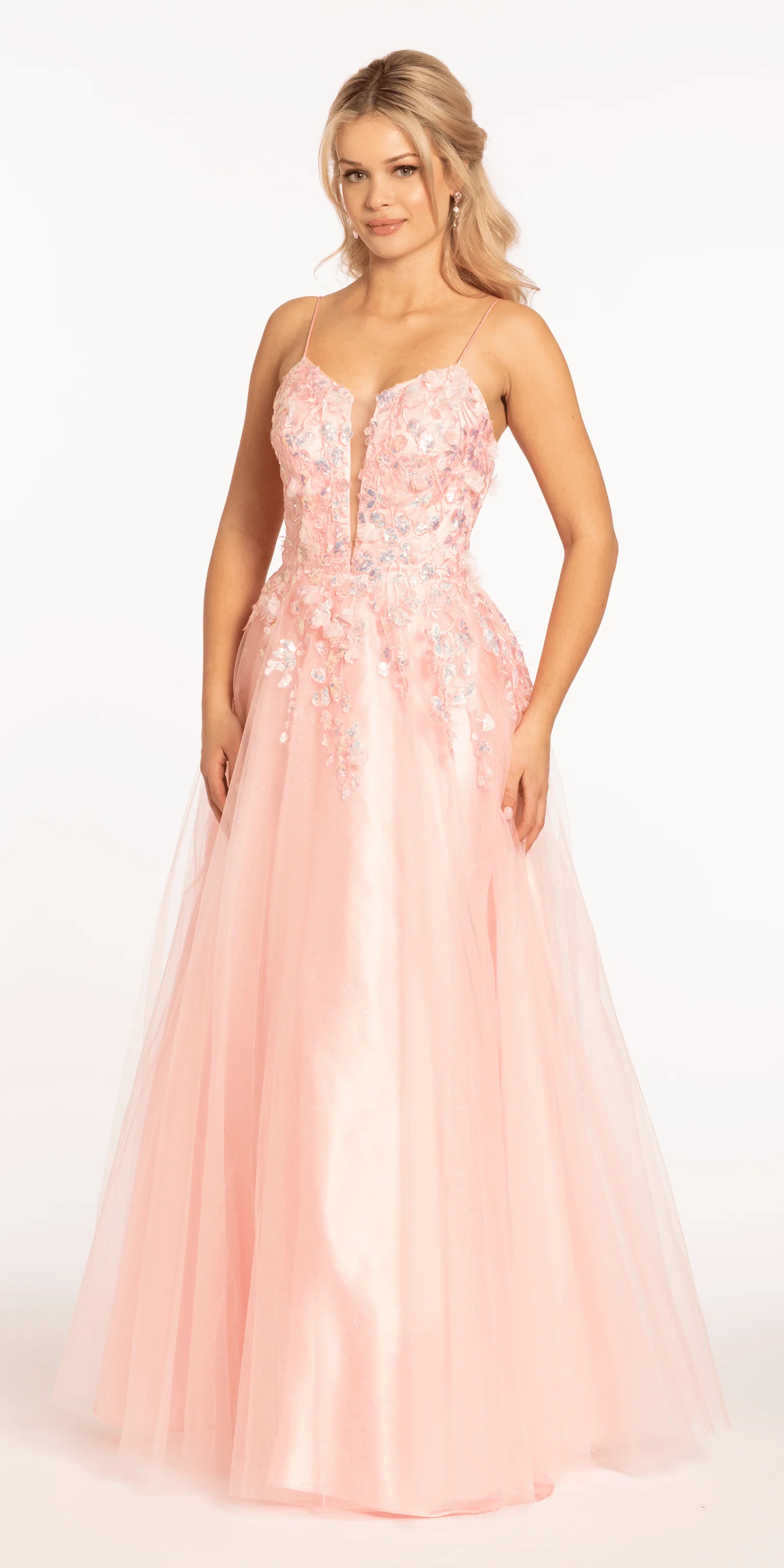 3 D Applique Glitter Mesh Plunge Lace Up Back Ballgown - Image 4