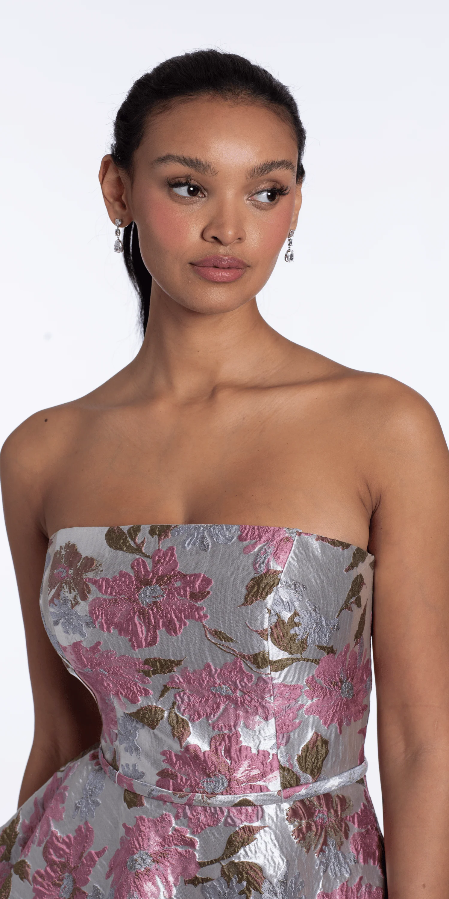 Angled Peplum Strapless Metallic Floral Jacquard Dress - Image 3