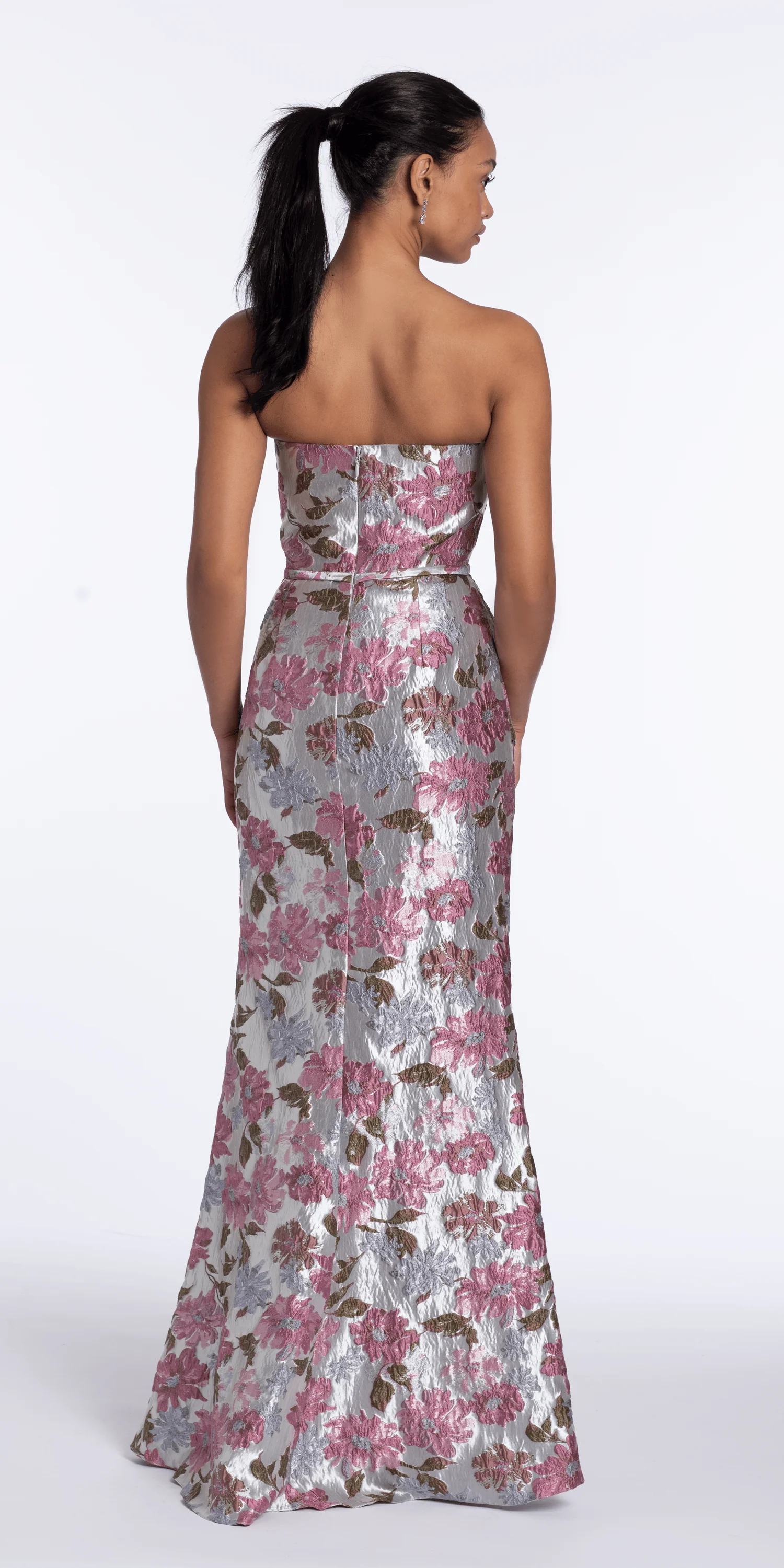 Angled Peplum Strapless Metallic Floral Jacquard Dress - Image 5