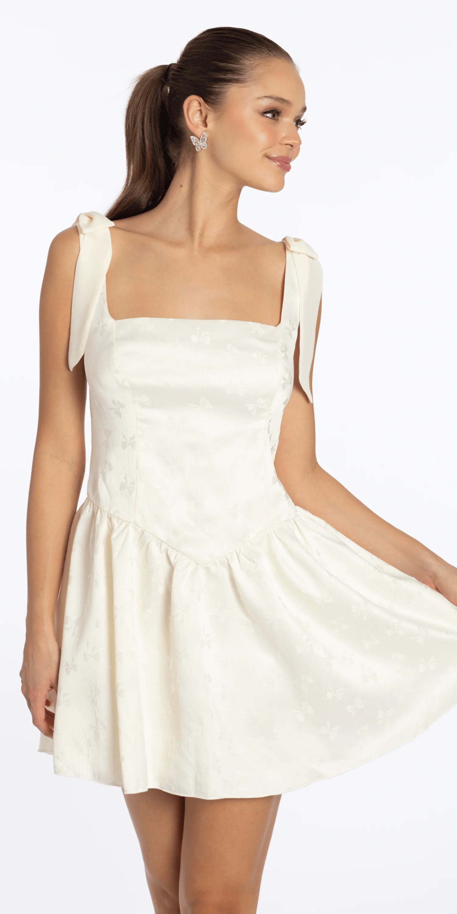 Basque Waist Jacquard Tie Shoulder Dress - Image 3