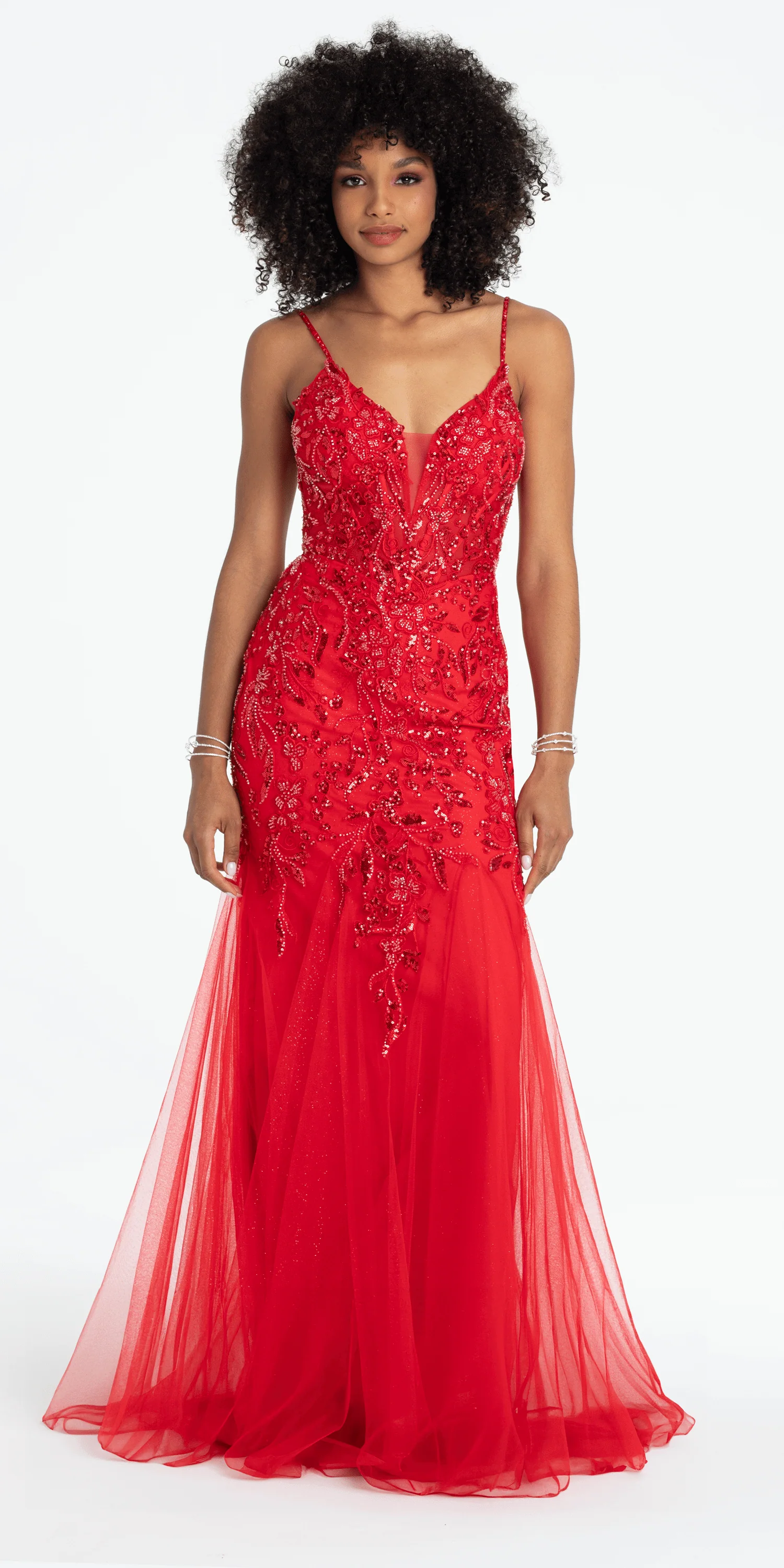 Beaded Embellished Plunging Glitter Mermaid Dress with Mesh Godets - Image 5