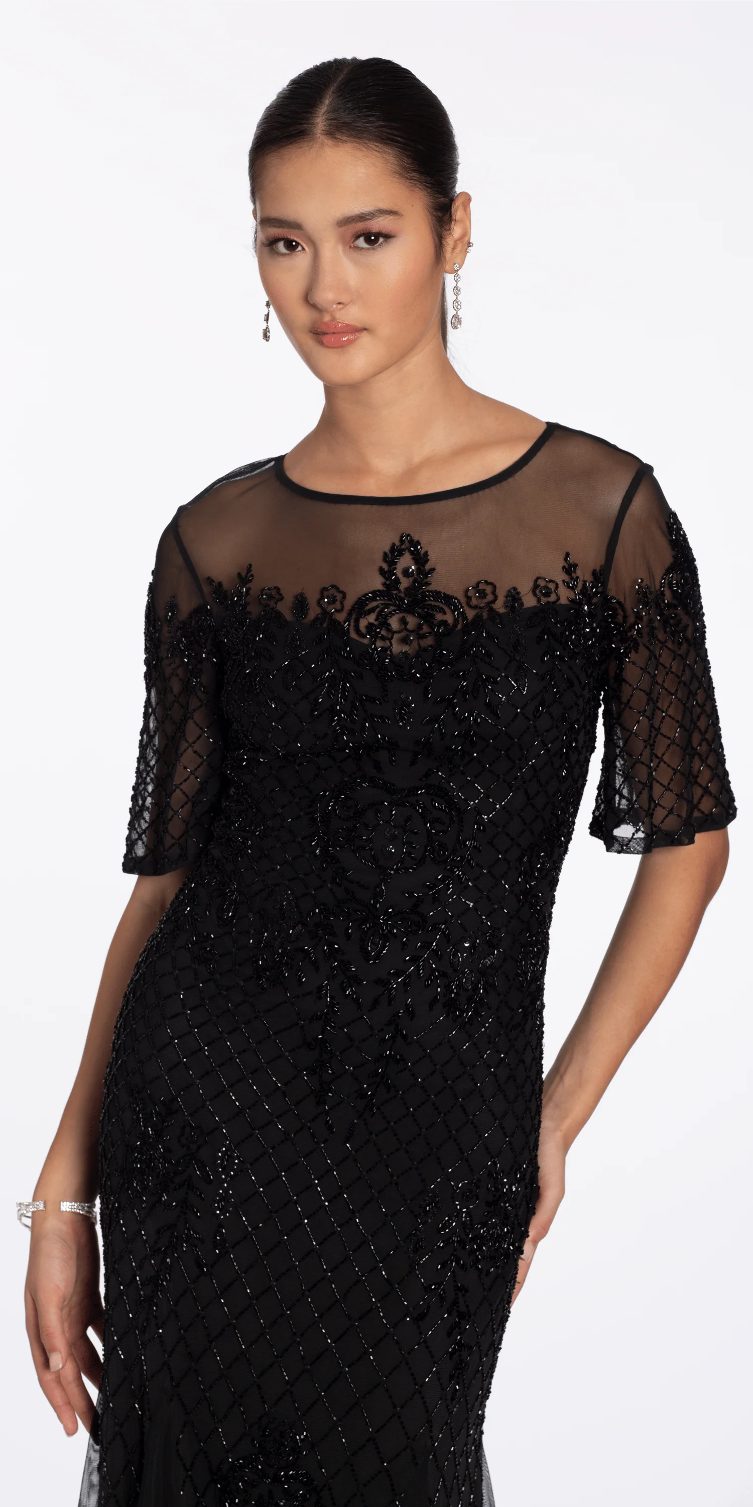 Beaded Illusion Short Sleeve Trumpet Dress with Godets - Image 2