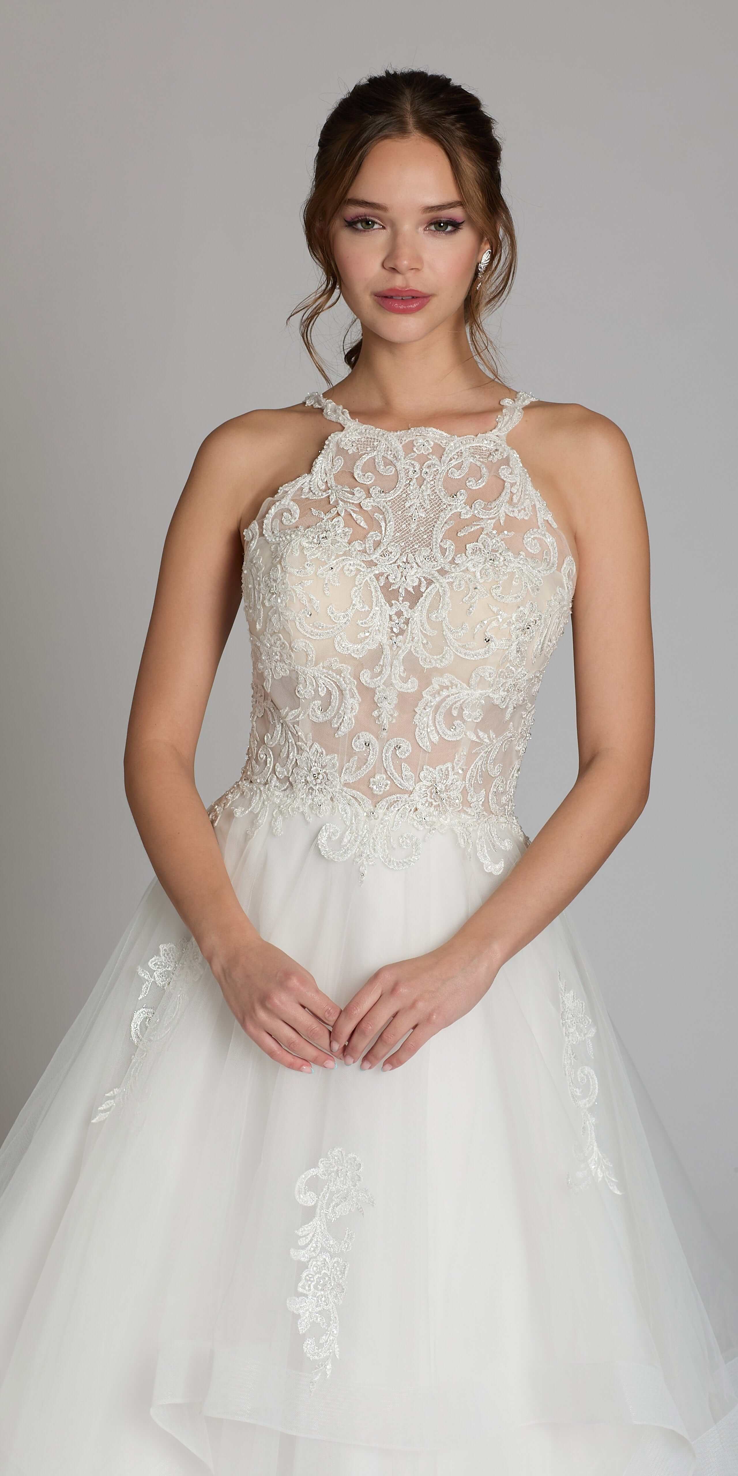 Beaded Lace Applique Cleo Neck Tulle Tiered Ballgown - Image 6