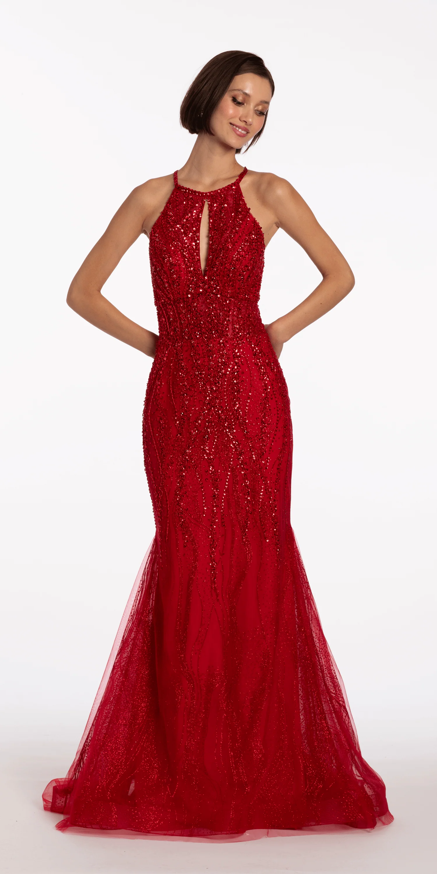 Beaded Mesh Keyhole Halter Trumpet Dress with Godets - Image 3