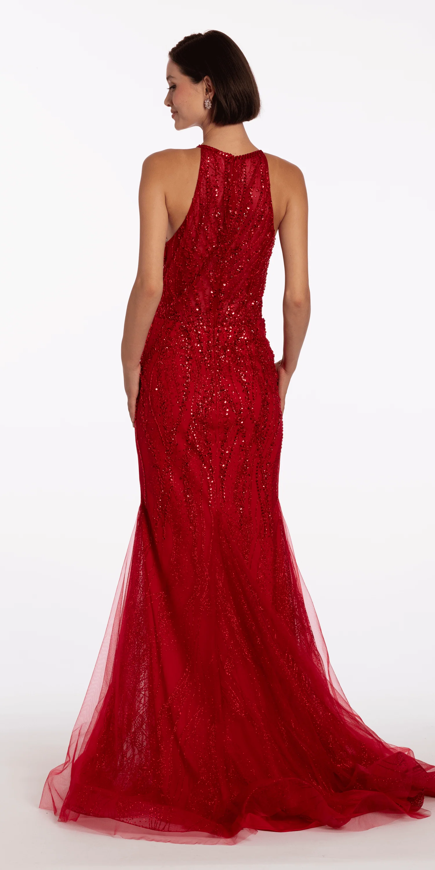 Beaded Mesh Keyhole Halter Trumpet Dress with Godets - Image 5