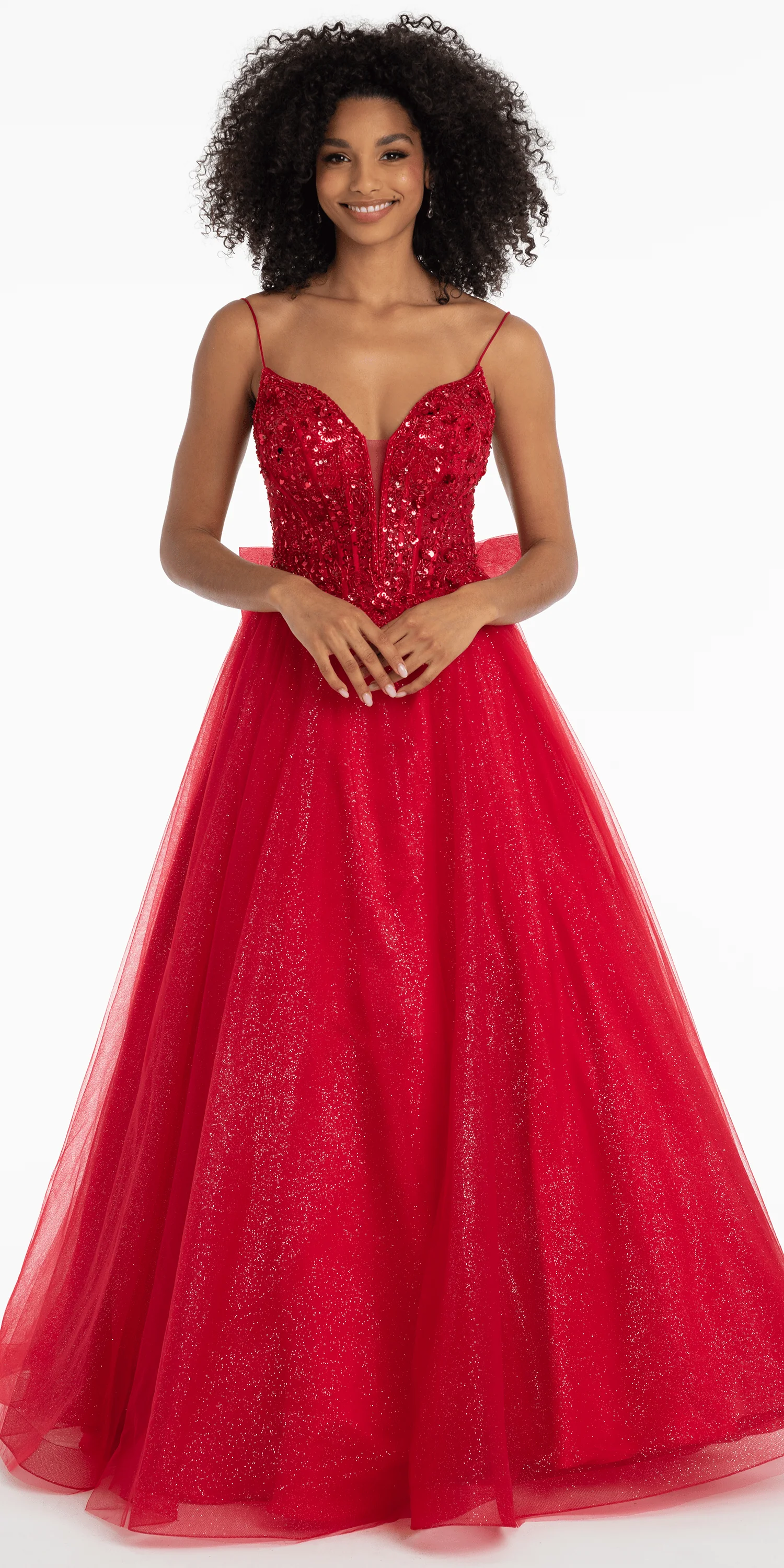 Beaded Plunge Corset Glitter Tulle Ballgown with Bow Back