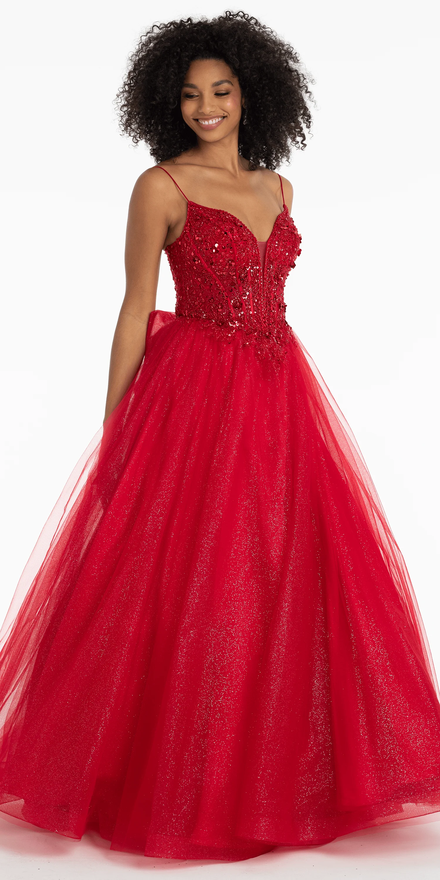 Beaded Plunge Corset Glitter Tulle Ballgown with Bow Back - Image 4