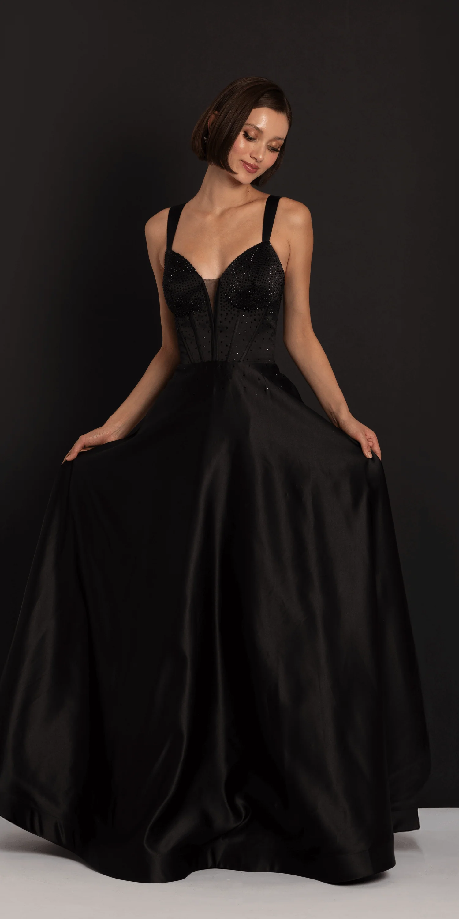 Beaded Satin Sweetheart Corset A Line Dress with Pockets - Image 4