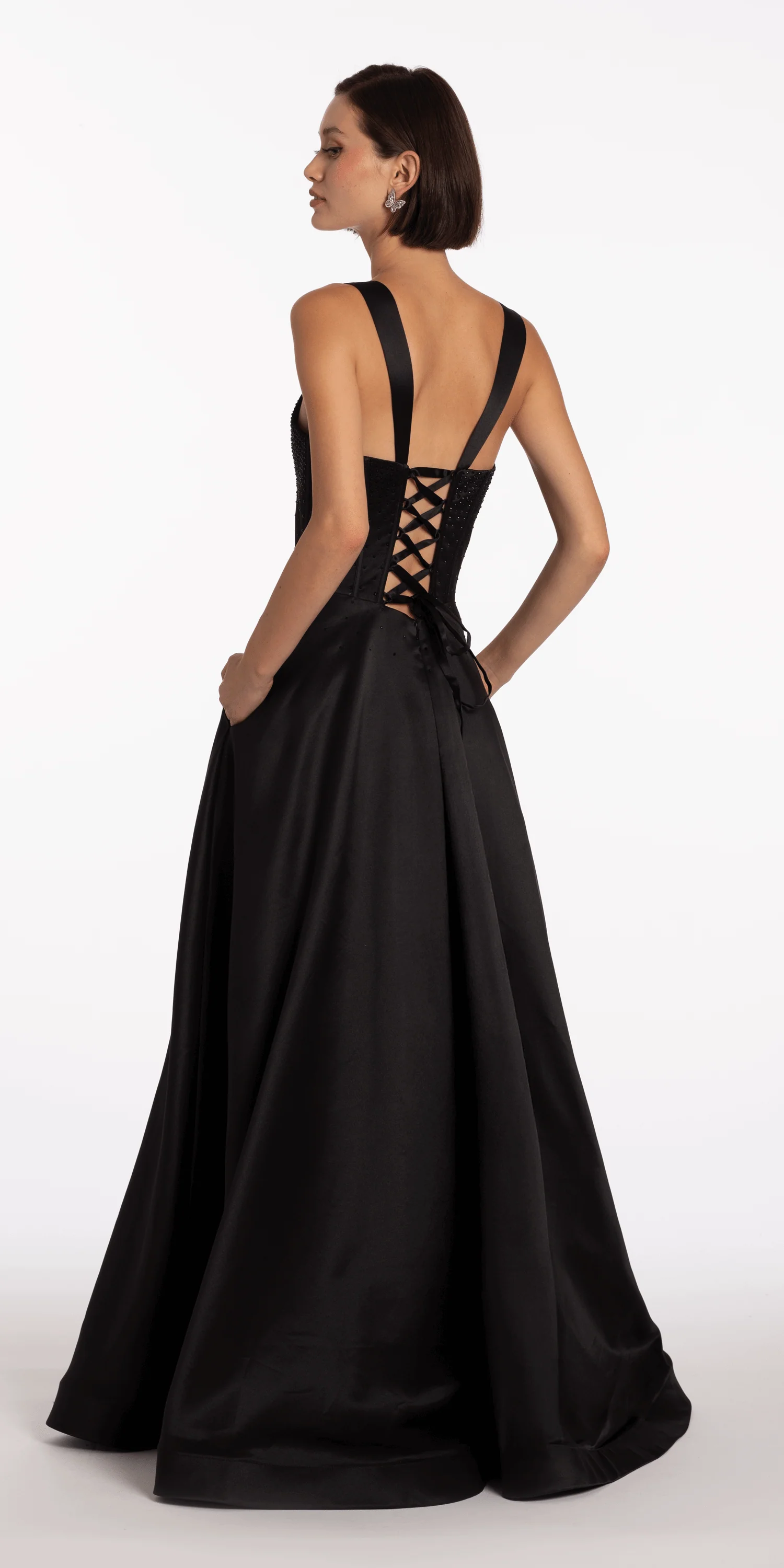 Beaded Satin Sweetheart Corset A Line Dress with Pockets - Image 5