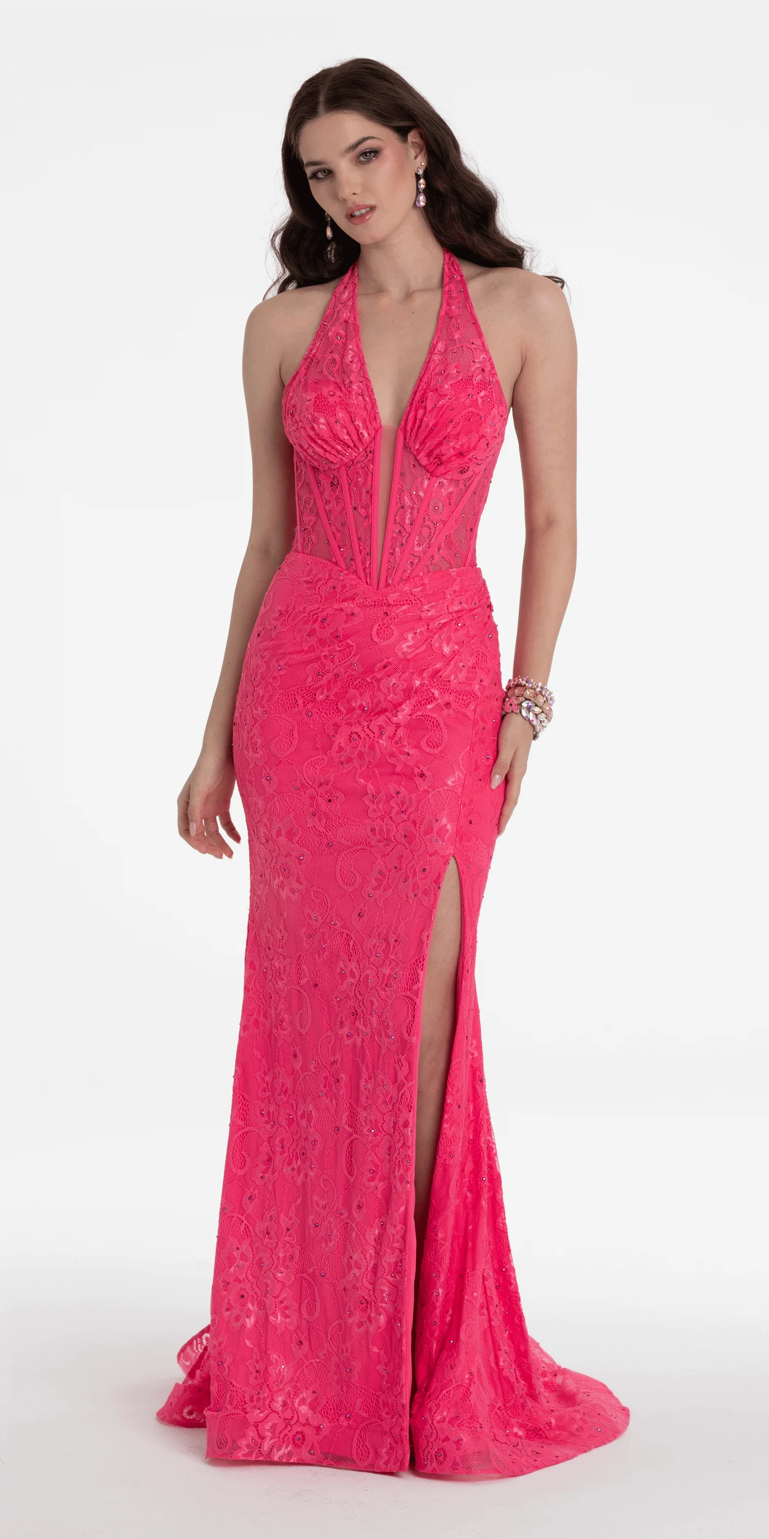 Beaded Stretch Lace Halter Corset Column Dress - Image 6