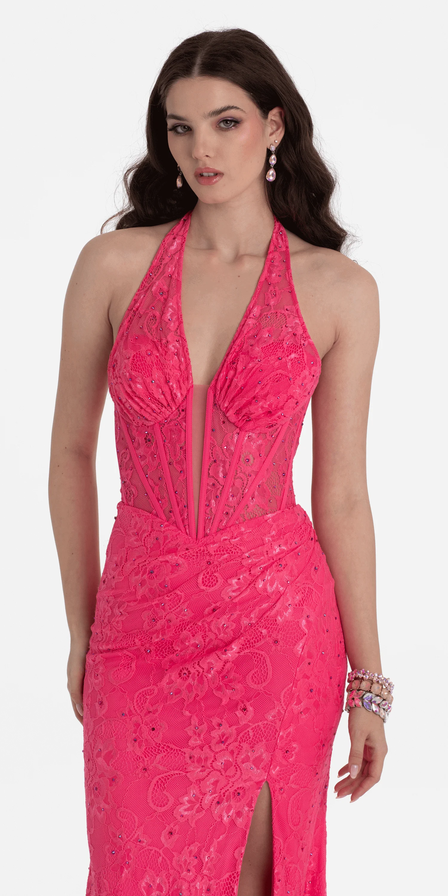 Beaded Stretch Lace Halter Corset Column Dress - Image 7