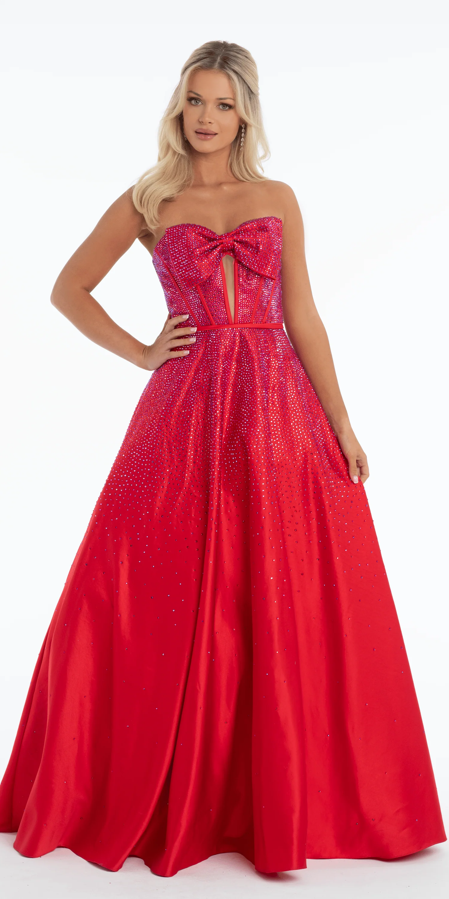 Bow Front Satin Strapless Corset Ballgown with Heat Set Stones - Image 3
