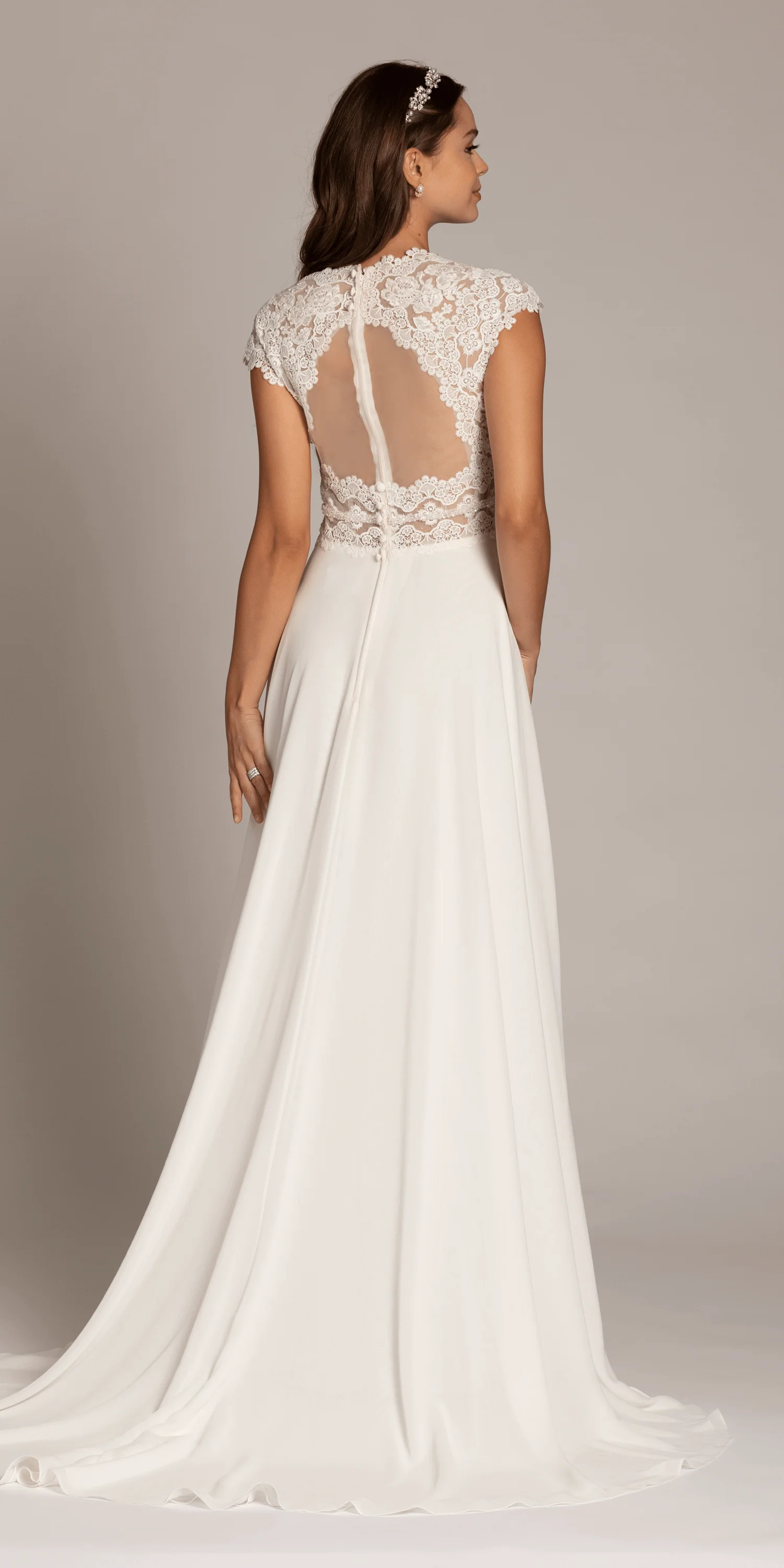 Cap Sleeve Crocheted Illusion Back Chiffon A Line Dress - Image 4