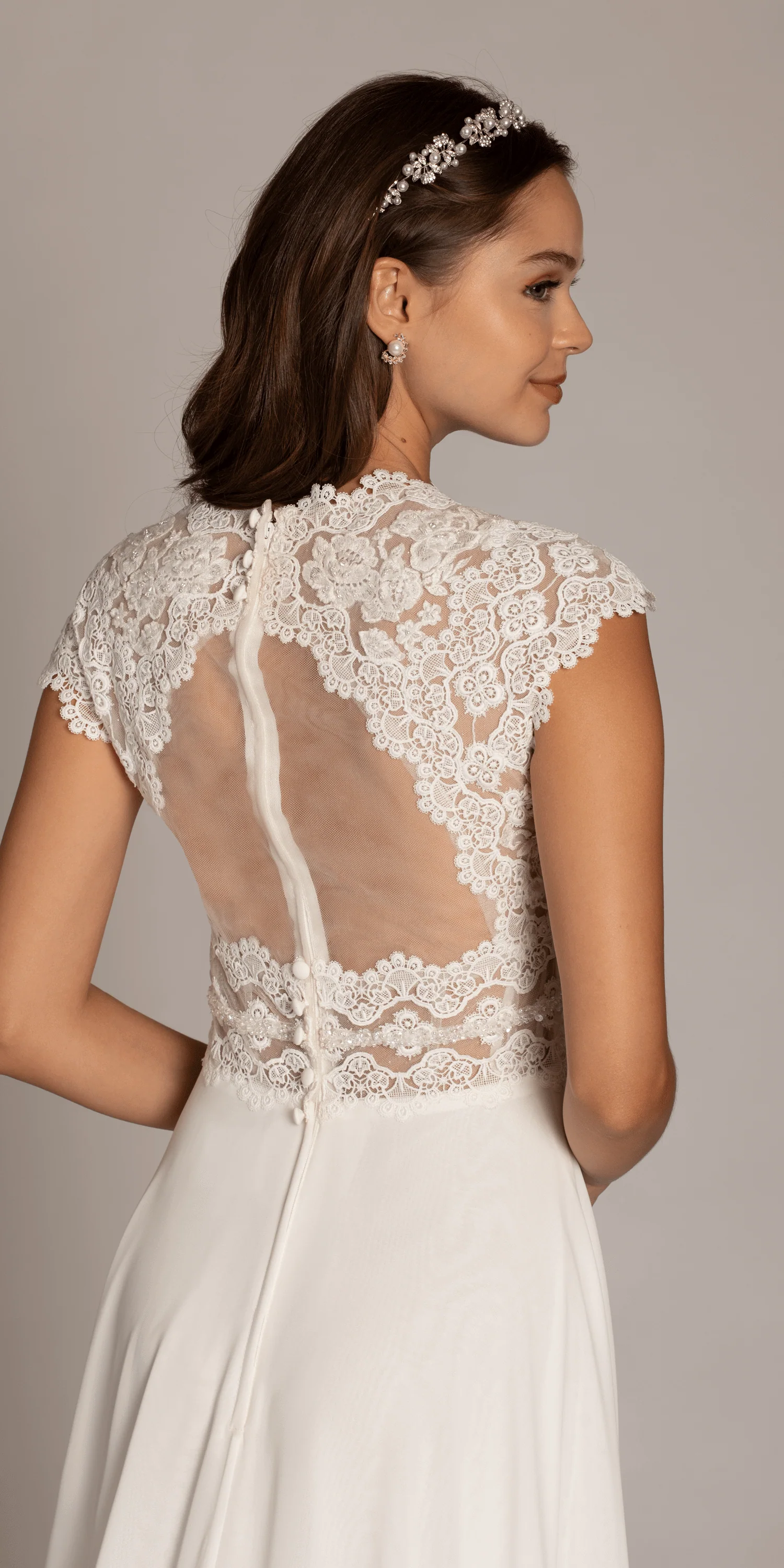 Cap Sleeve Crocheted Illusion Back Chiffon A Line Dress - Image 5