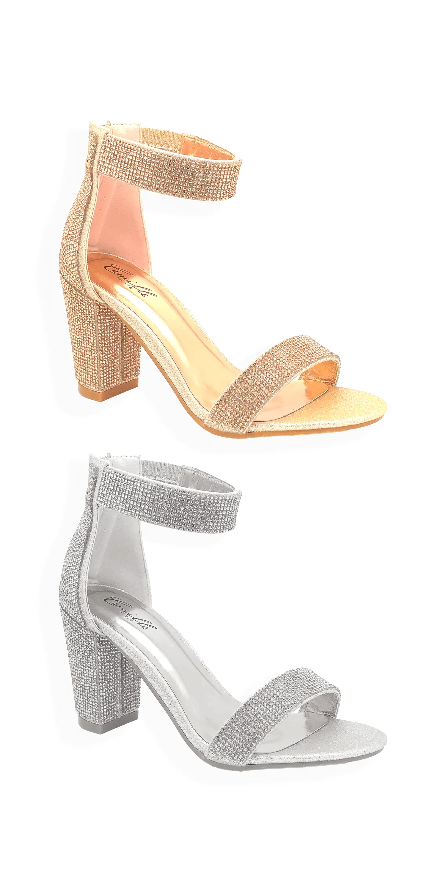 Caroi Rhinestone Mid Heel Zip Back Ankle Strap Sandal