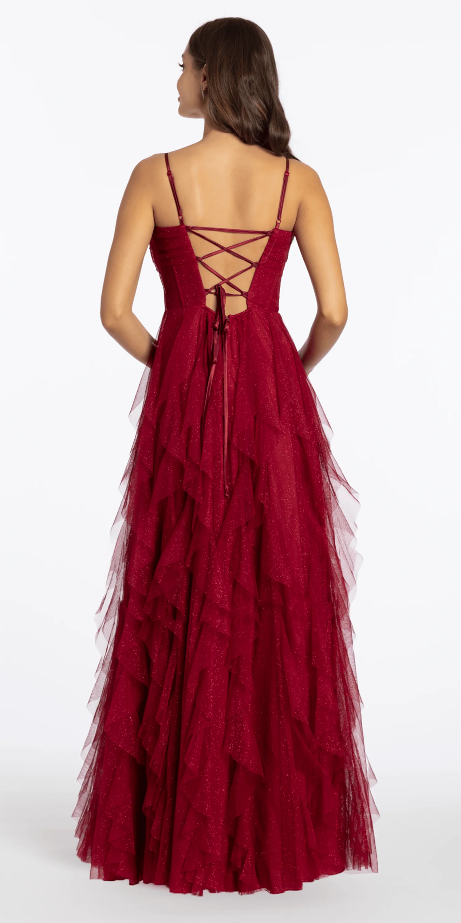 Lace Up Back Glitter Mesh Corset A Line Dress with Tendrils - Image 5