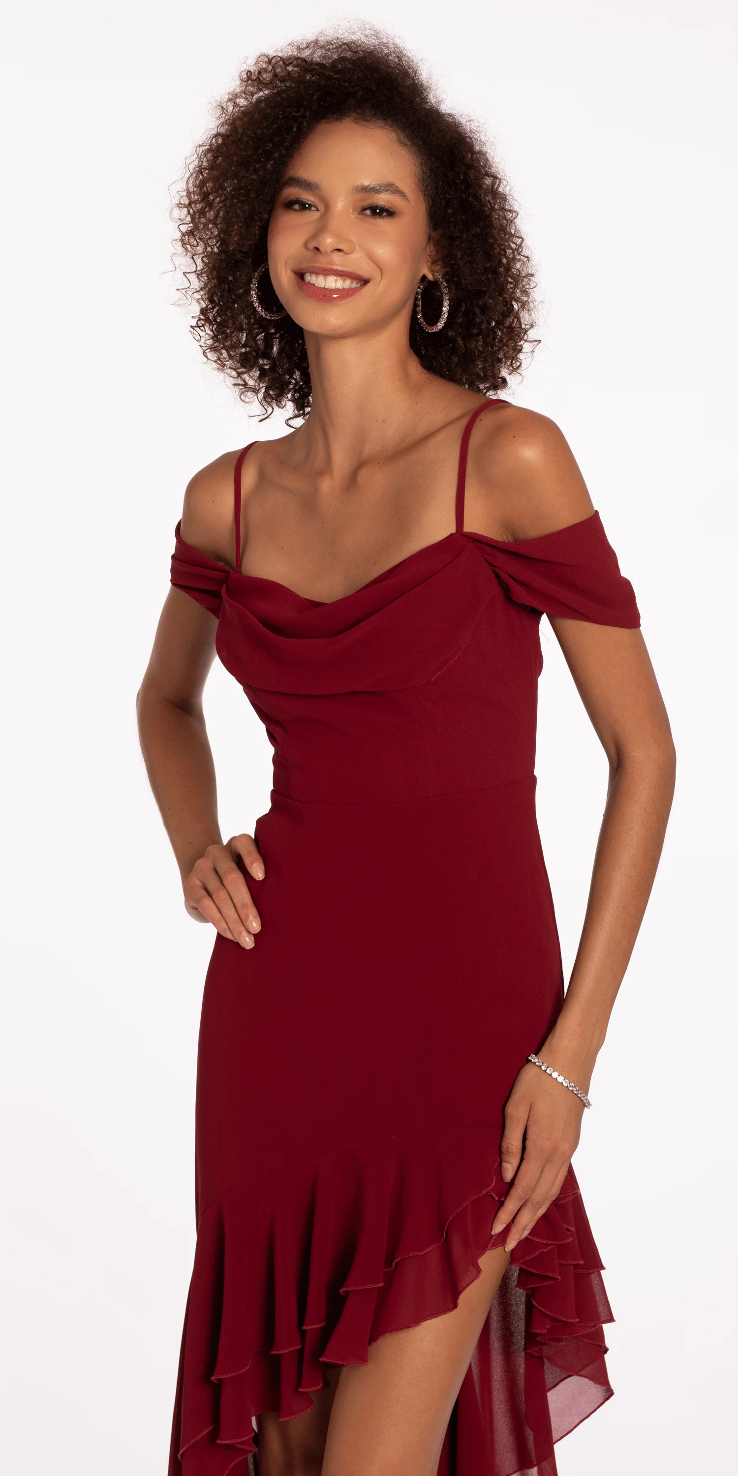 Chiffon Off the Shoulder Drape High Low Dress with Ruffle Hem - Image 3
