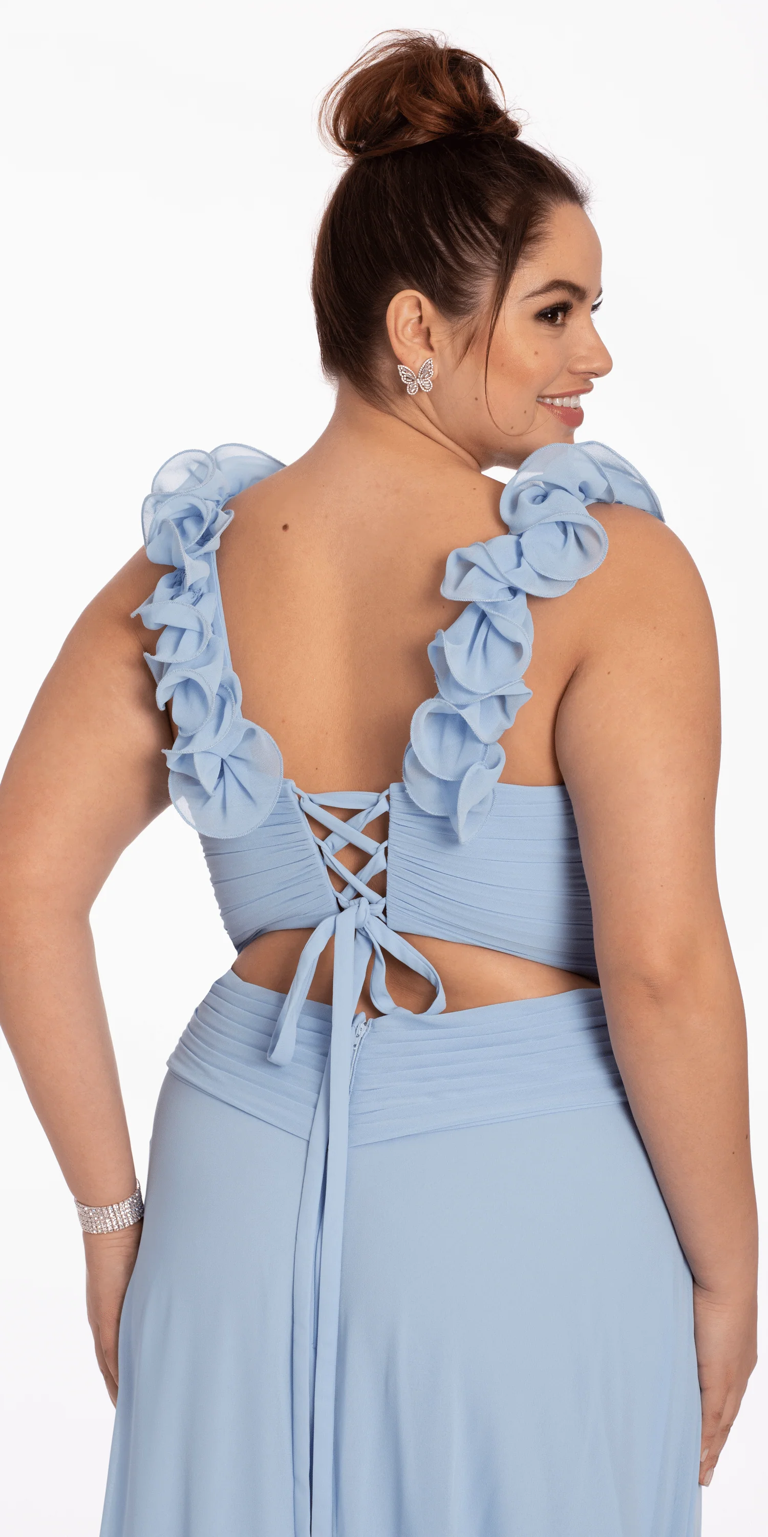 Chiffon Ruffle Shoulder Lace Up Back Column Dress - Image 8