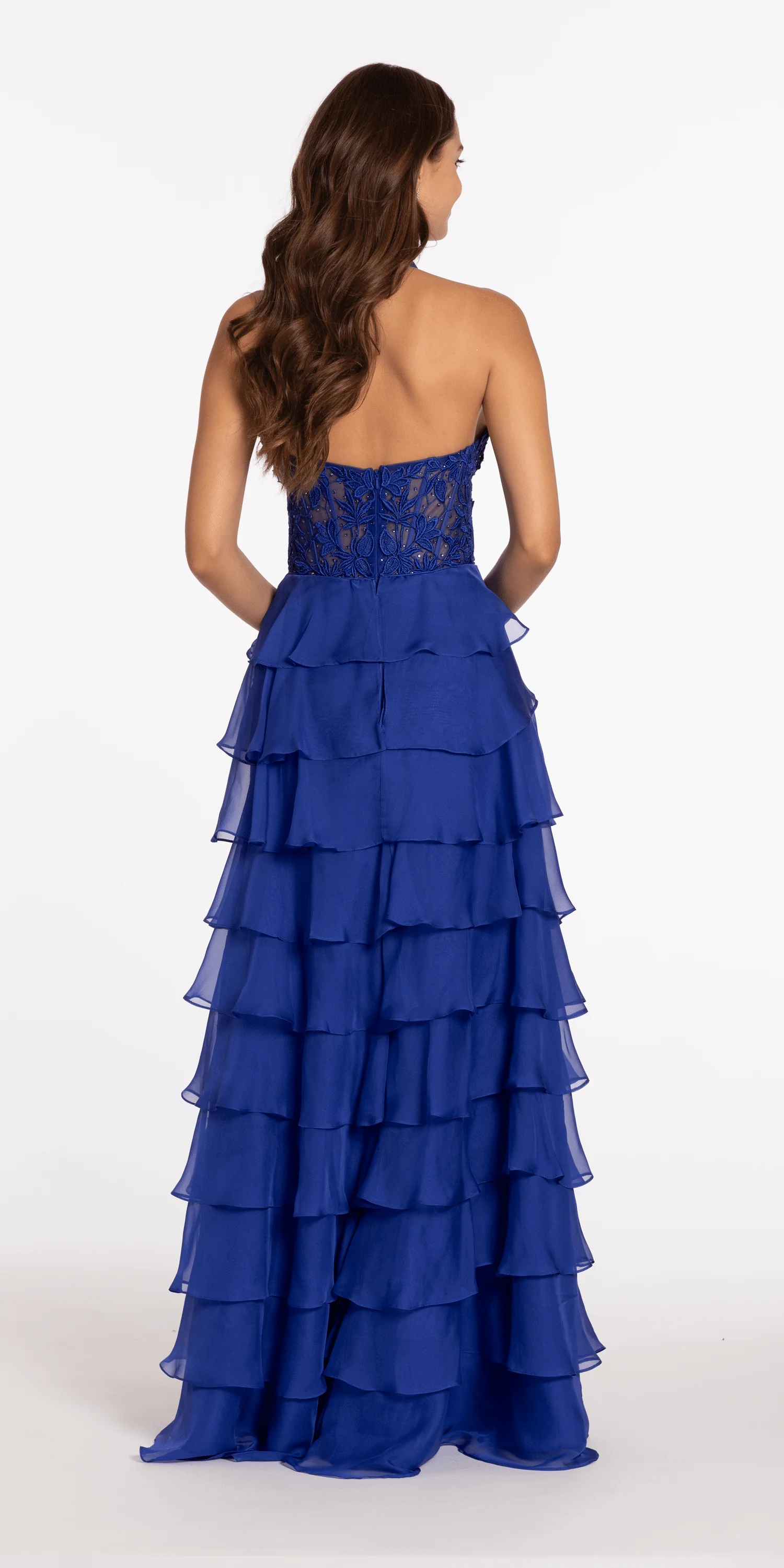 Chiffon Tiered Halter A Line Dress with Embellished Appliques - Image 5