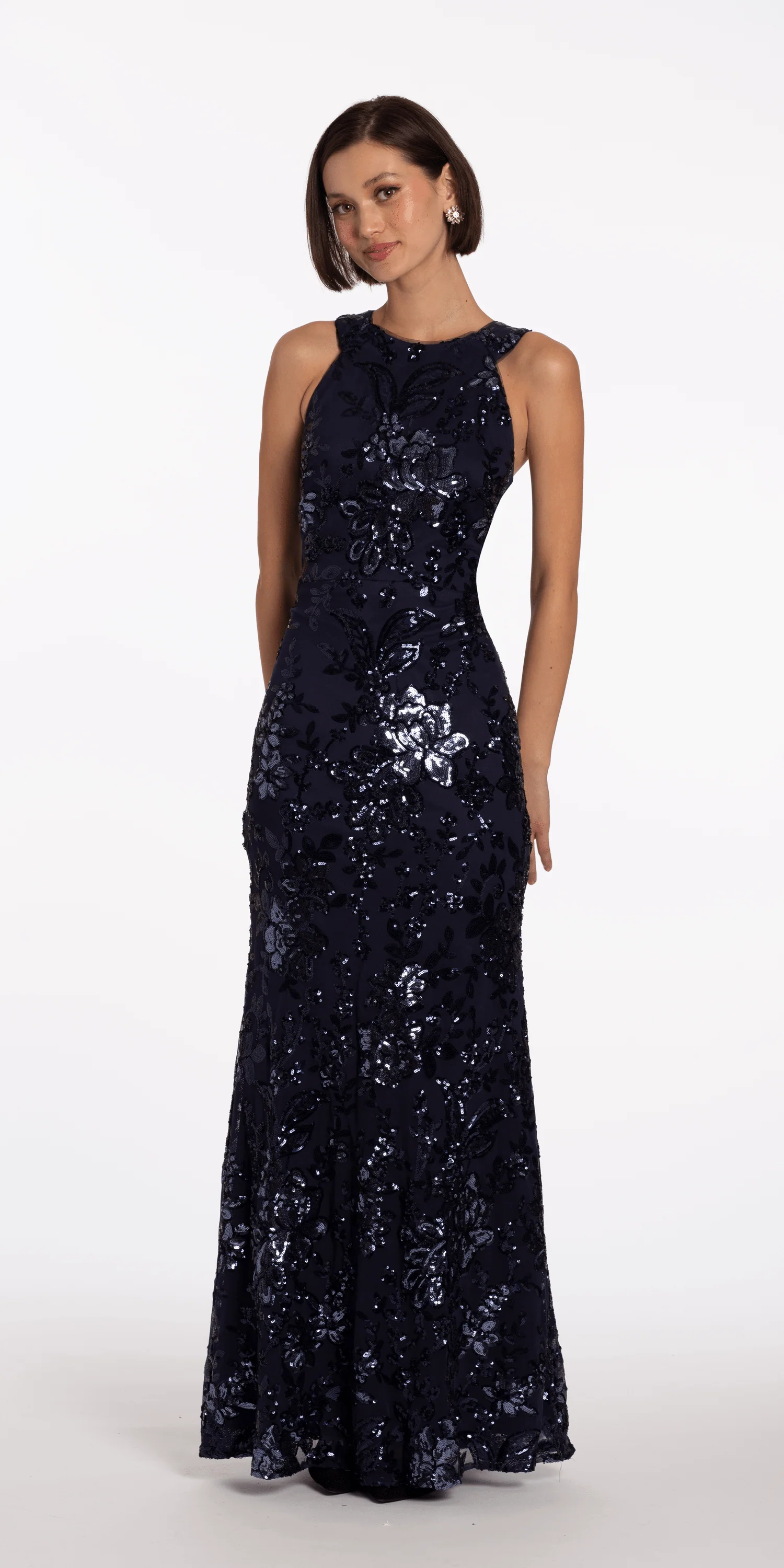 Sequin Racer Floral Sequin Halter Column Dress