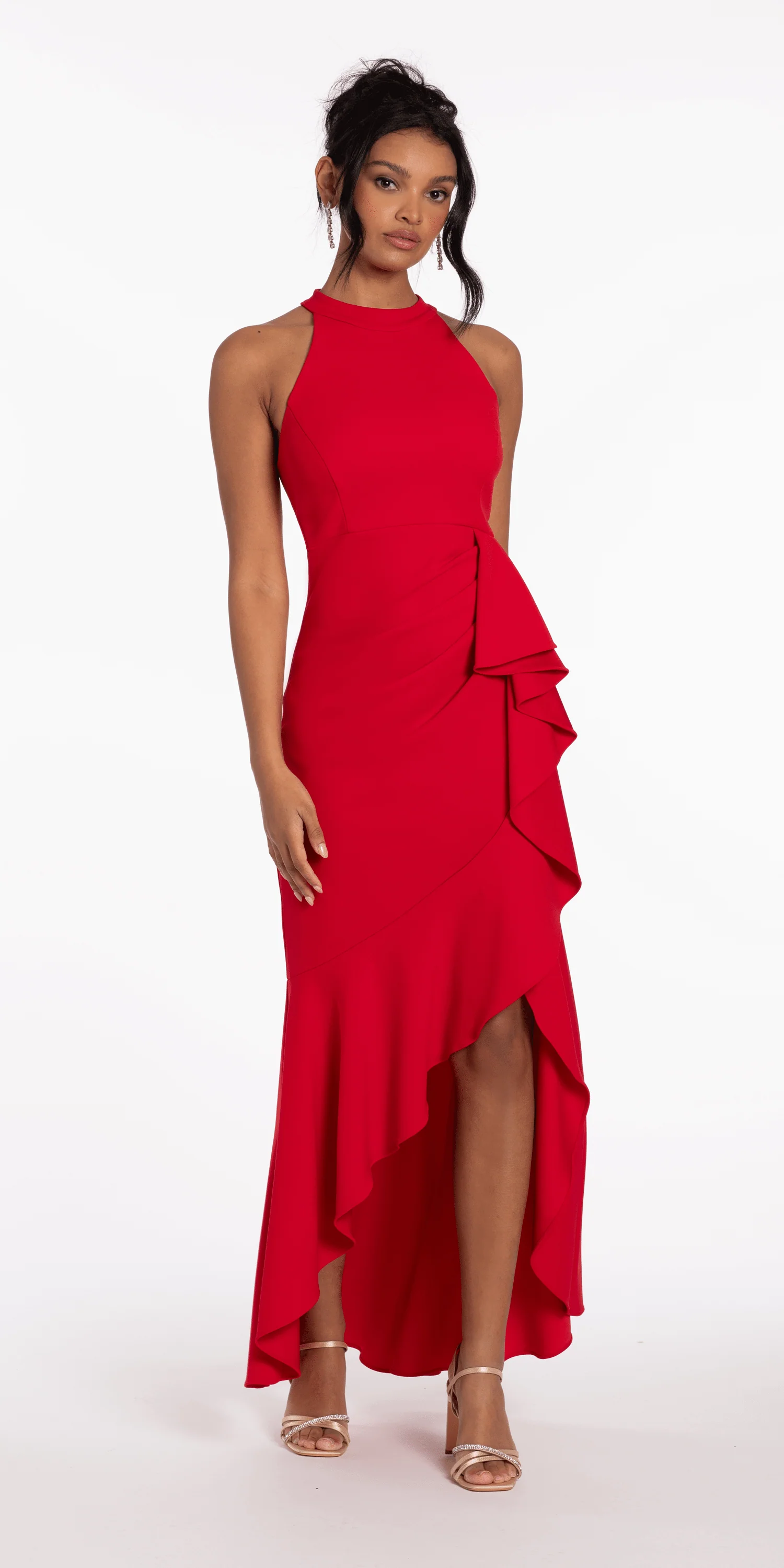 Crepe Racer Back Halter High-Low Dress with Side Cascade - Image 4
