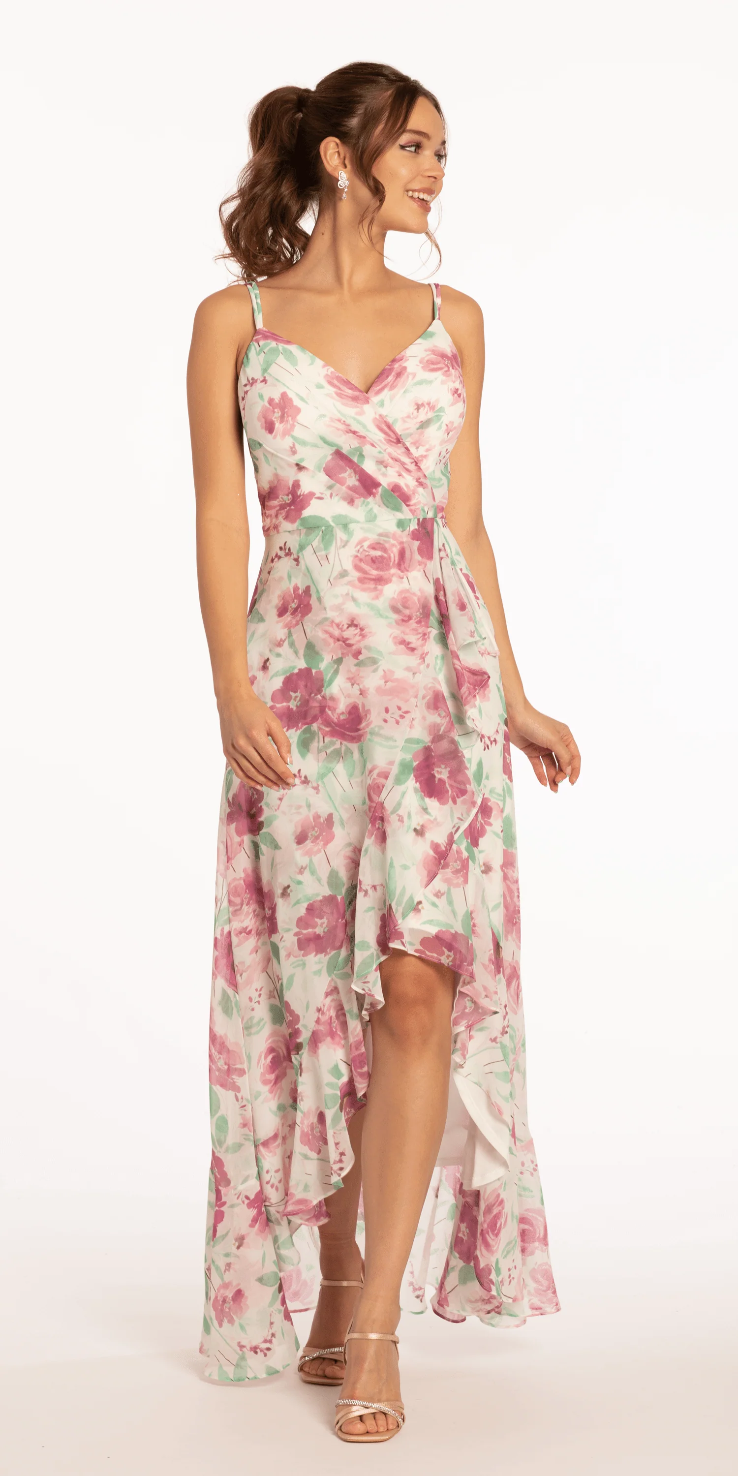 Criss Cross Floral Chiffon High Low Dress - Image 3