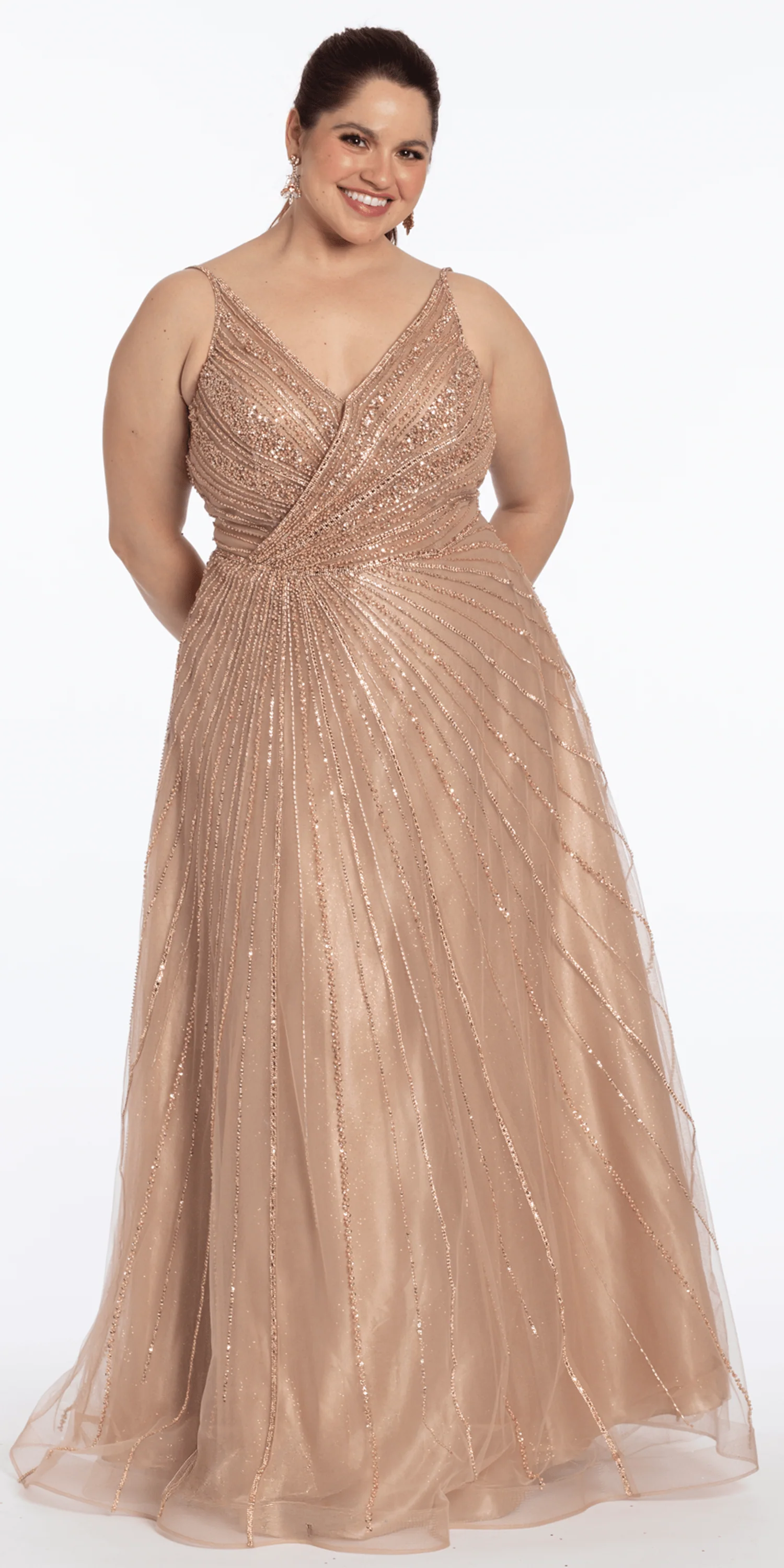 Deep V Neck Mesh Linear Beaded A-Line Dress - Image 2