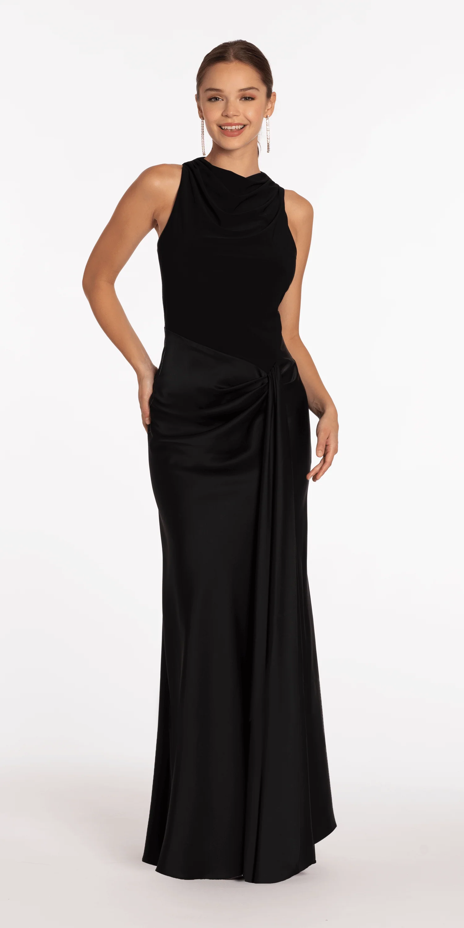 Drape Neck Jersey and Satin Column Dress with Side Sash