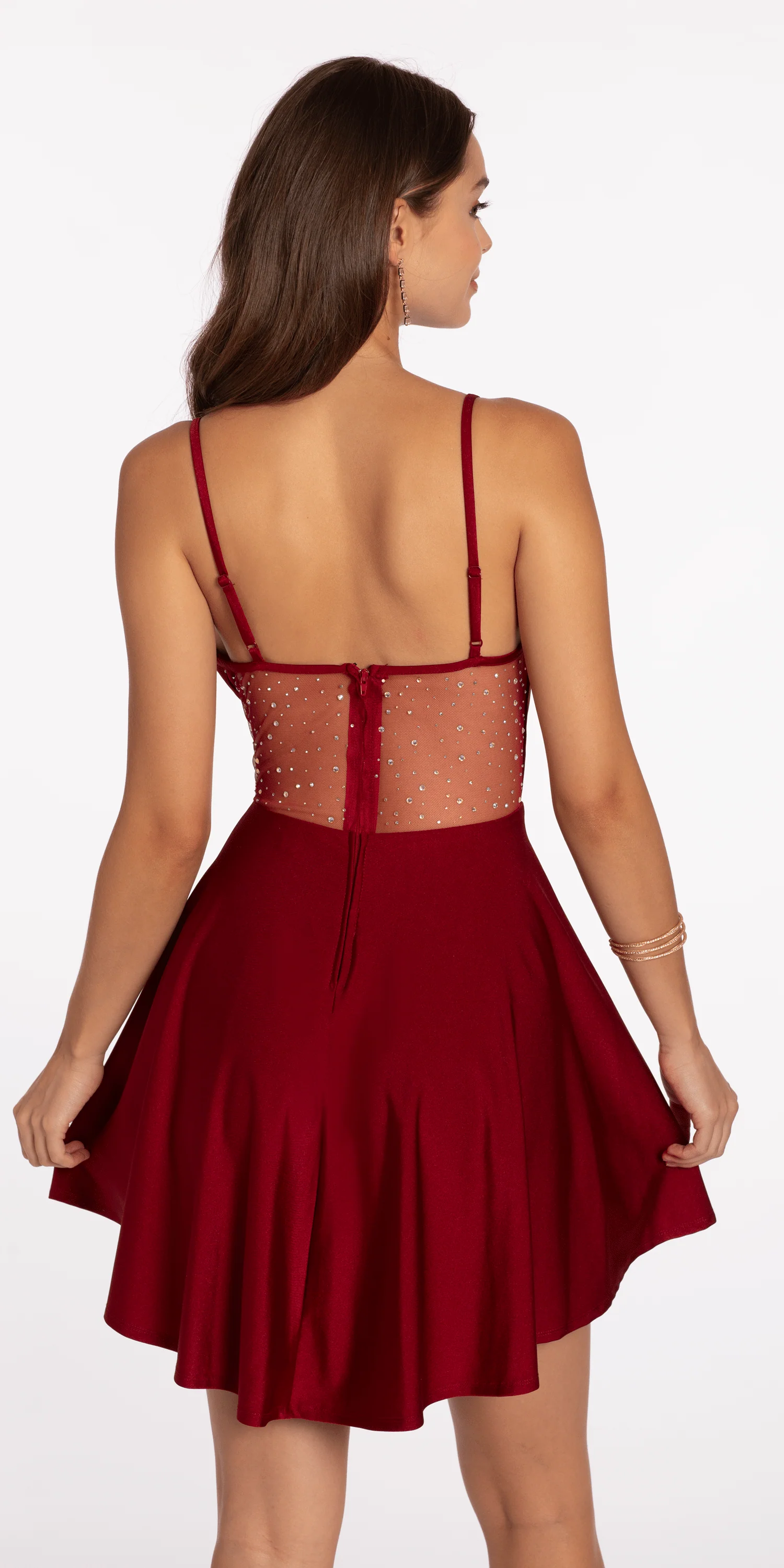 Drape Neck Satin Skater Dress with Sheer Back Panels - Image 4