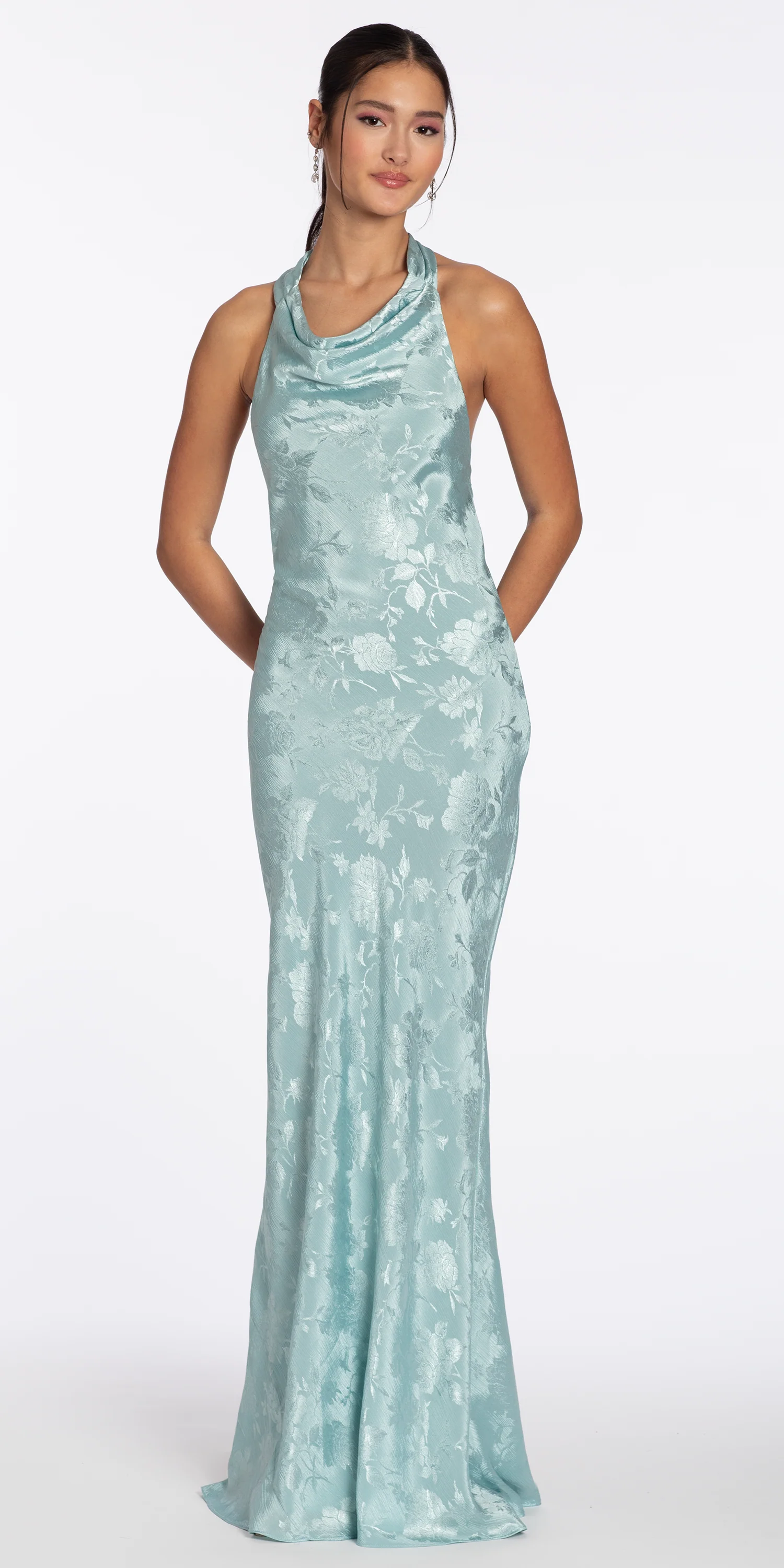 Drape Neck Tie Back Jacquard Column Dress