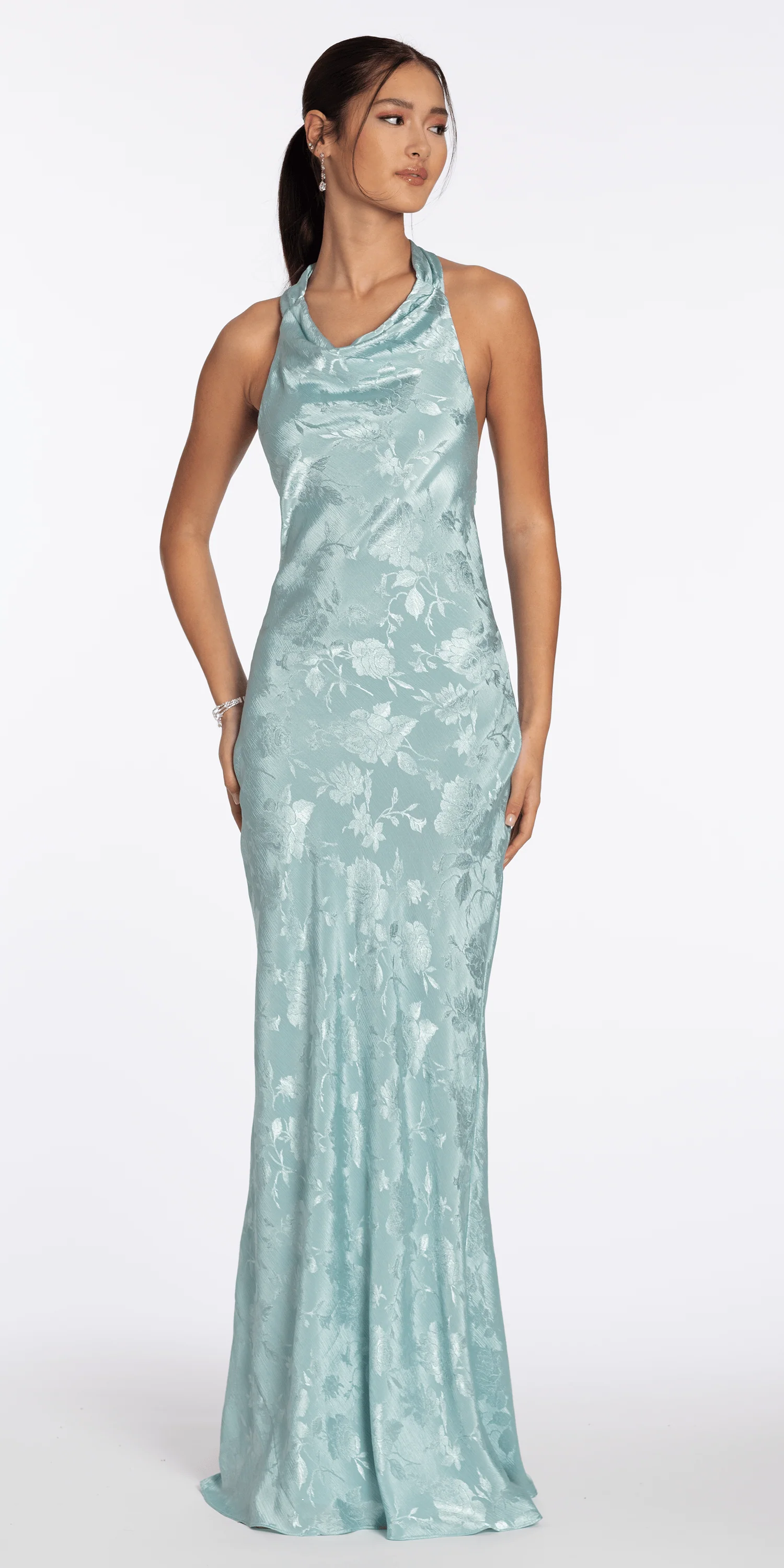 Drape Neck Tie Back Jacquard Column Dress - Image 3