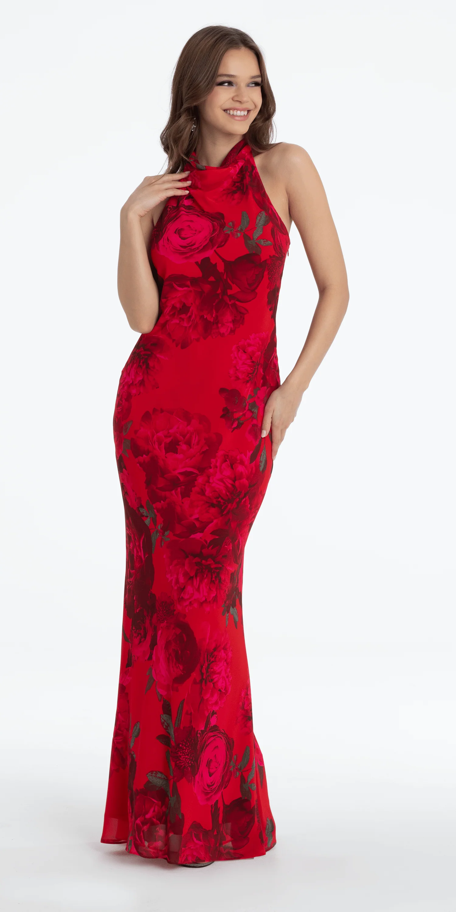 Rose Print Cowl Neck Tie Back Halter Column Dress
