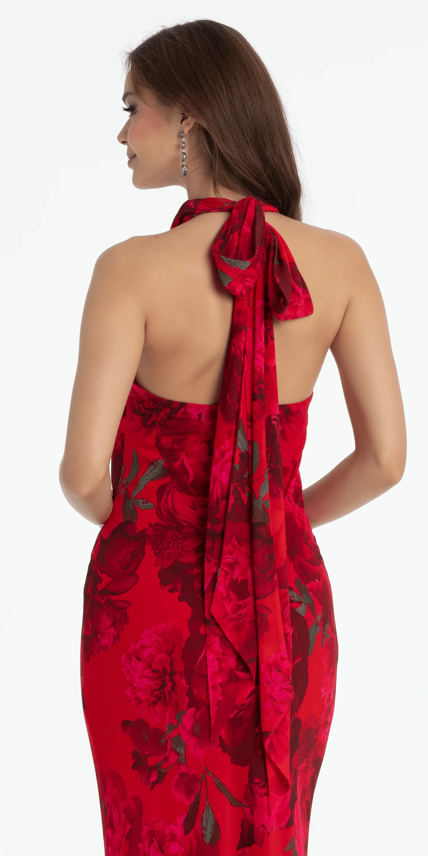 Rose Print Cowl Neck Tie Back Halter Column Dress - Image 5
