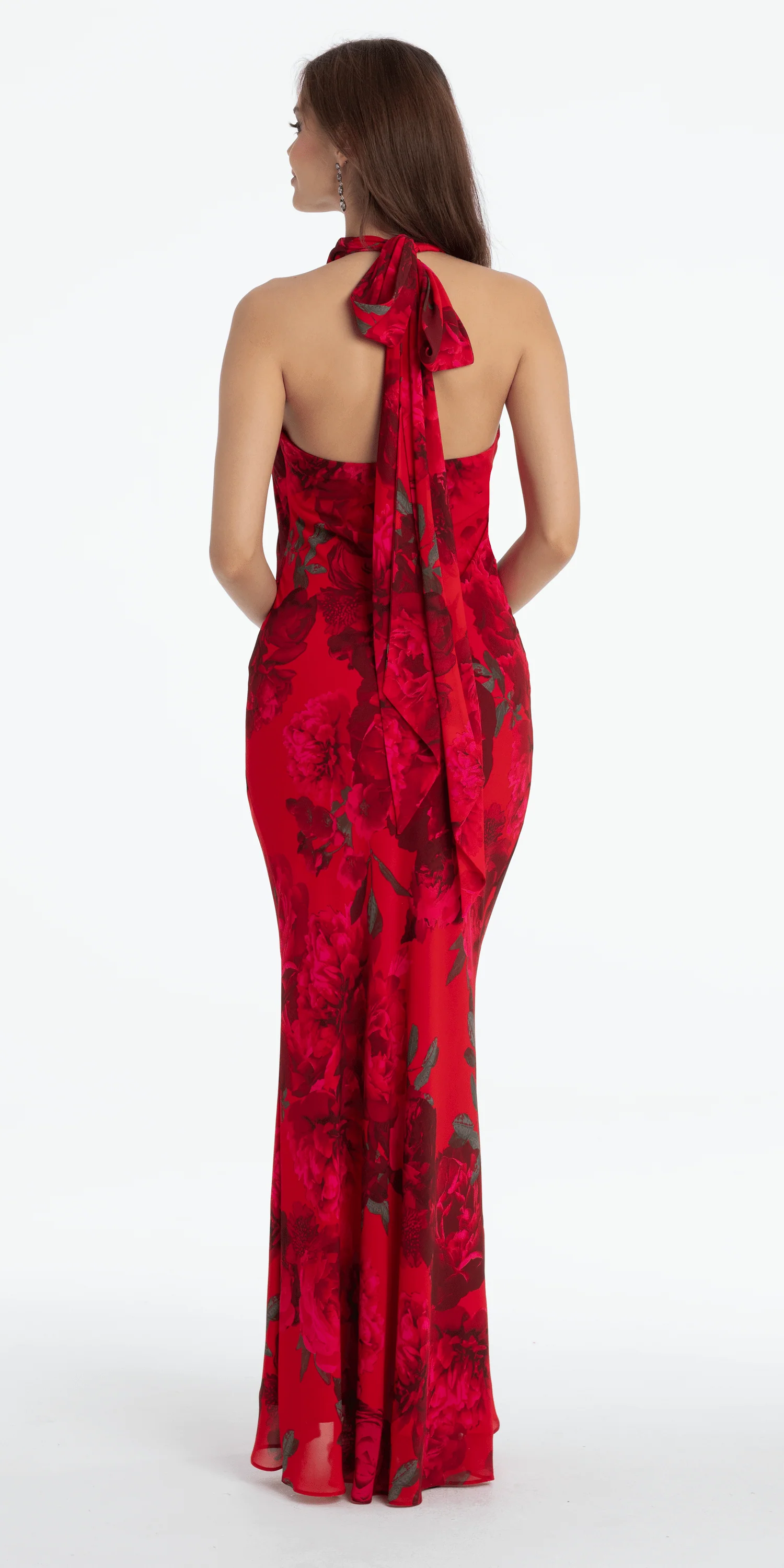 Rose Print Cowl Neck Tie Back Halter Column Dress - Image 6