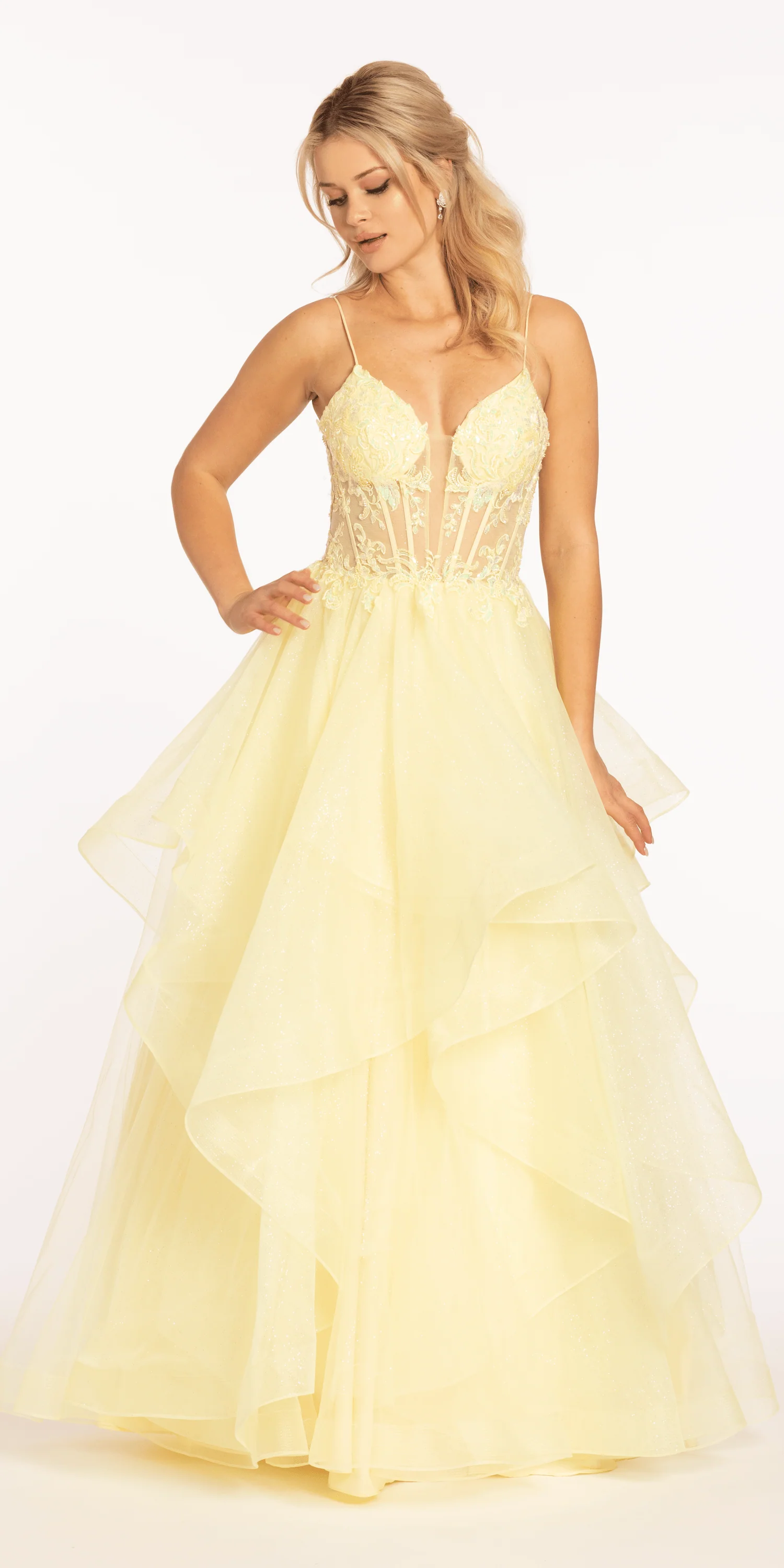 Embellished Plunging Glitter Tulle Corset Tiered Ballgown - Image 3