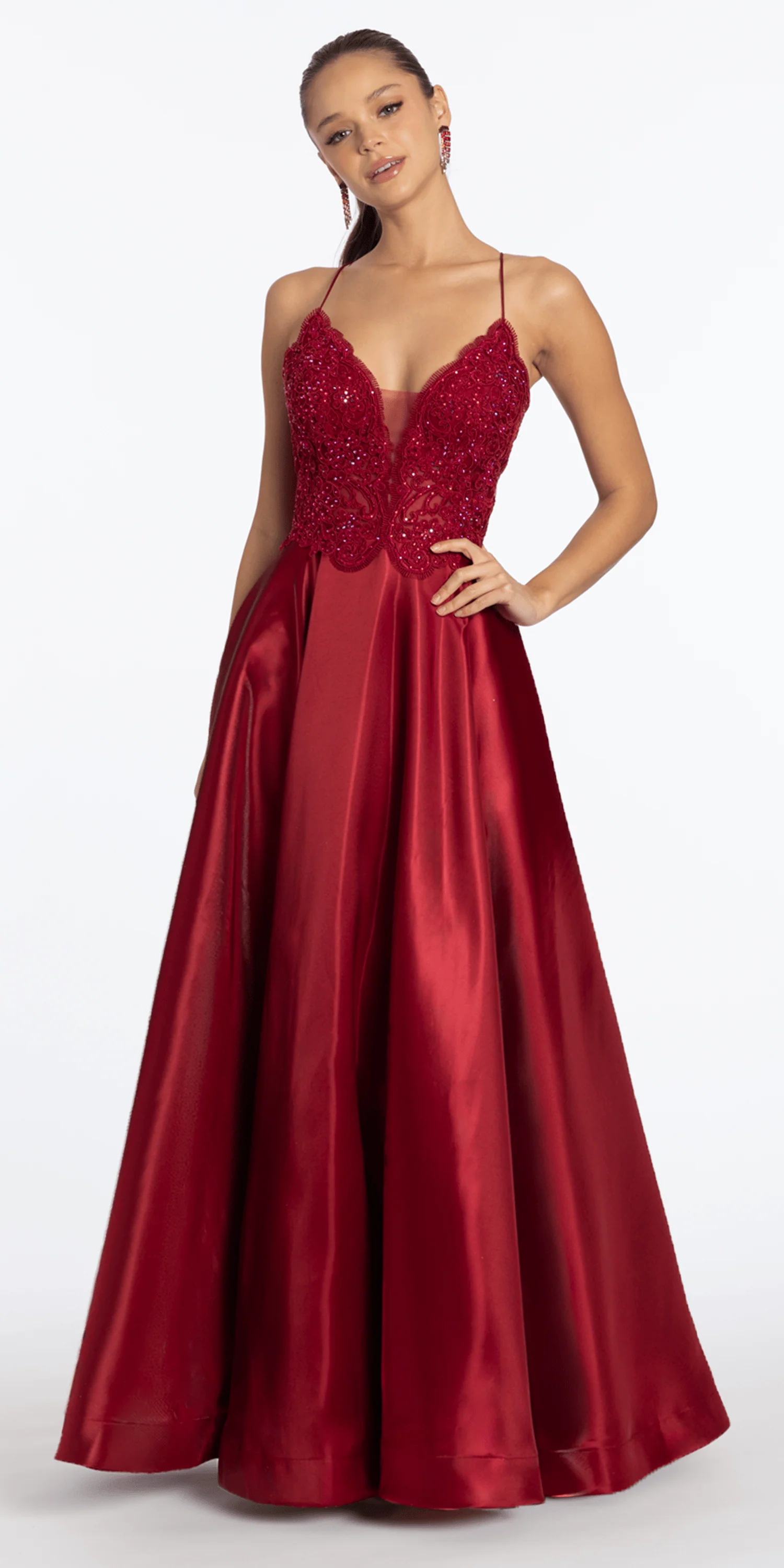 Embroidered Lace Plunge Satin Corset Ballgown with Pockets - Image 3