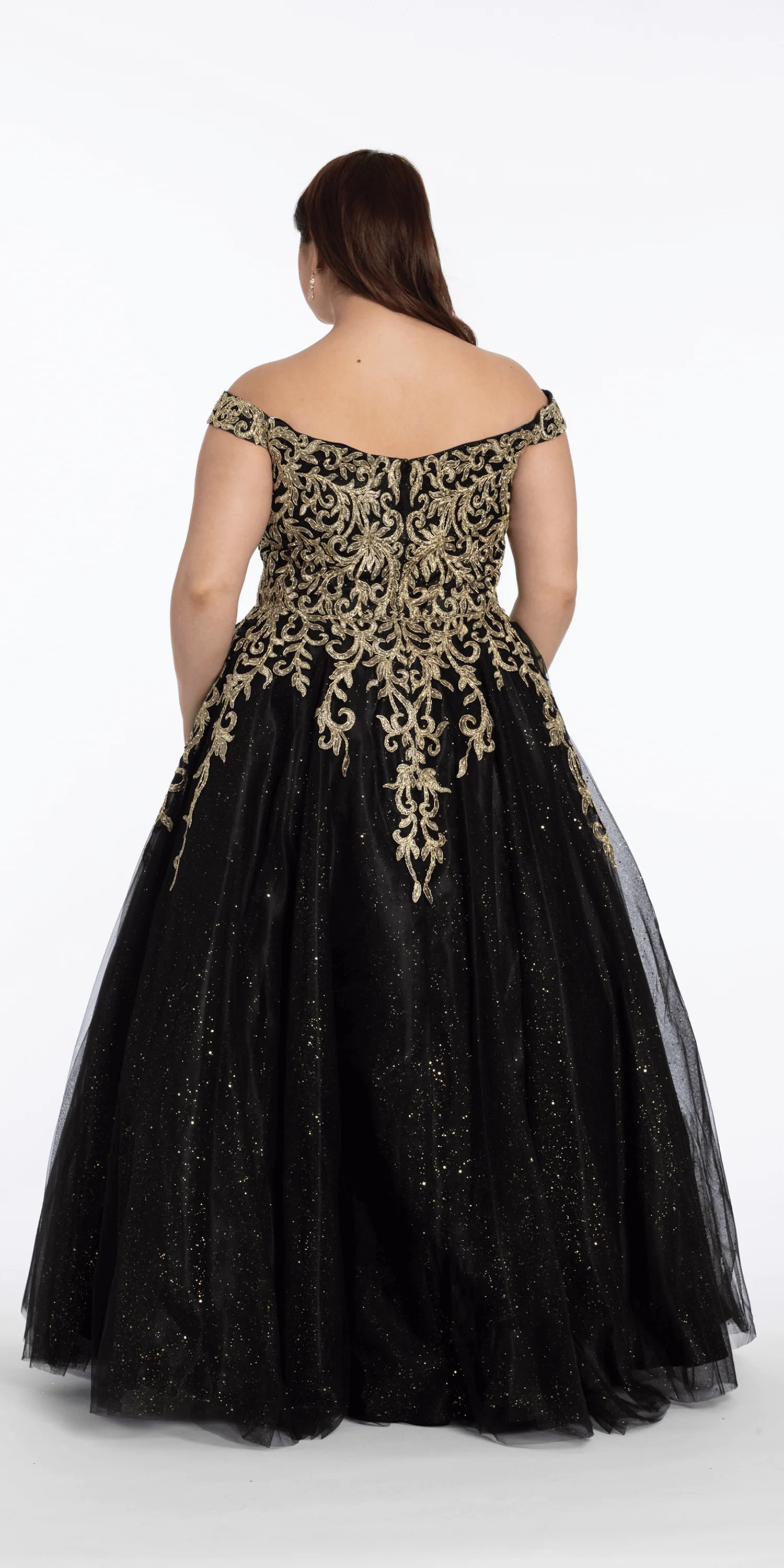 Embroidered Off the Shoulder Glitter Tulle Ballgown - Image 4