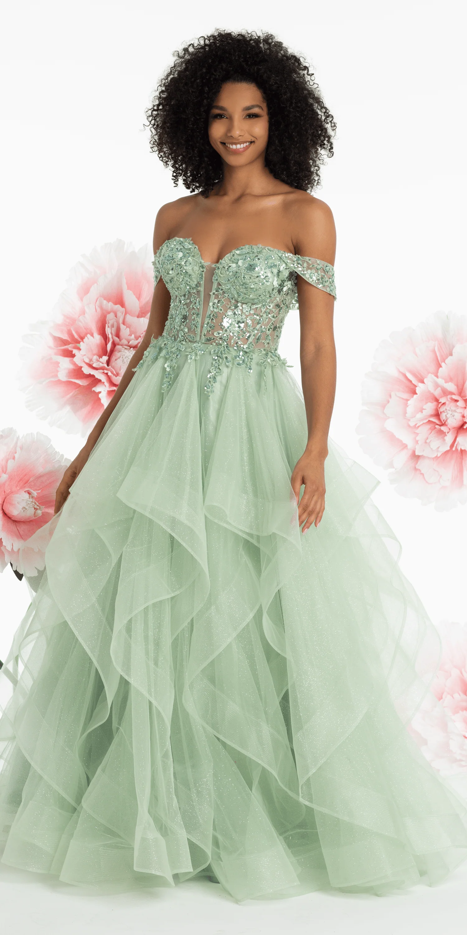 Embroidered Off the Shoulder Beaded Glitter Tulle Tiered Ballgown