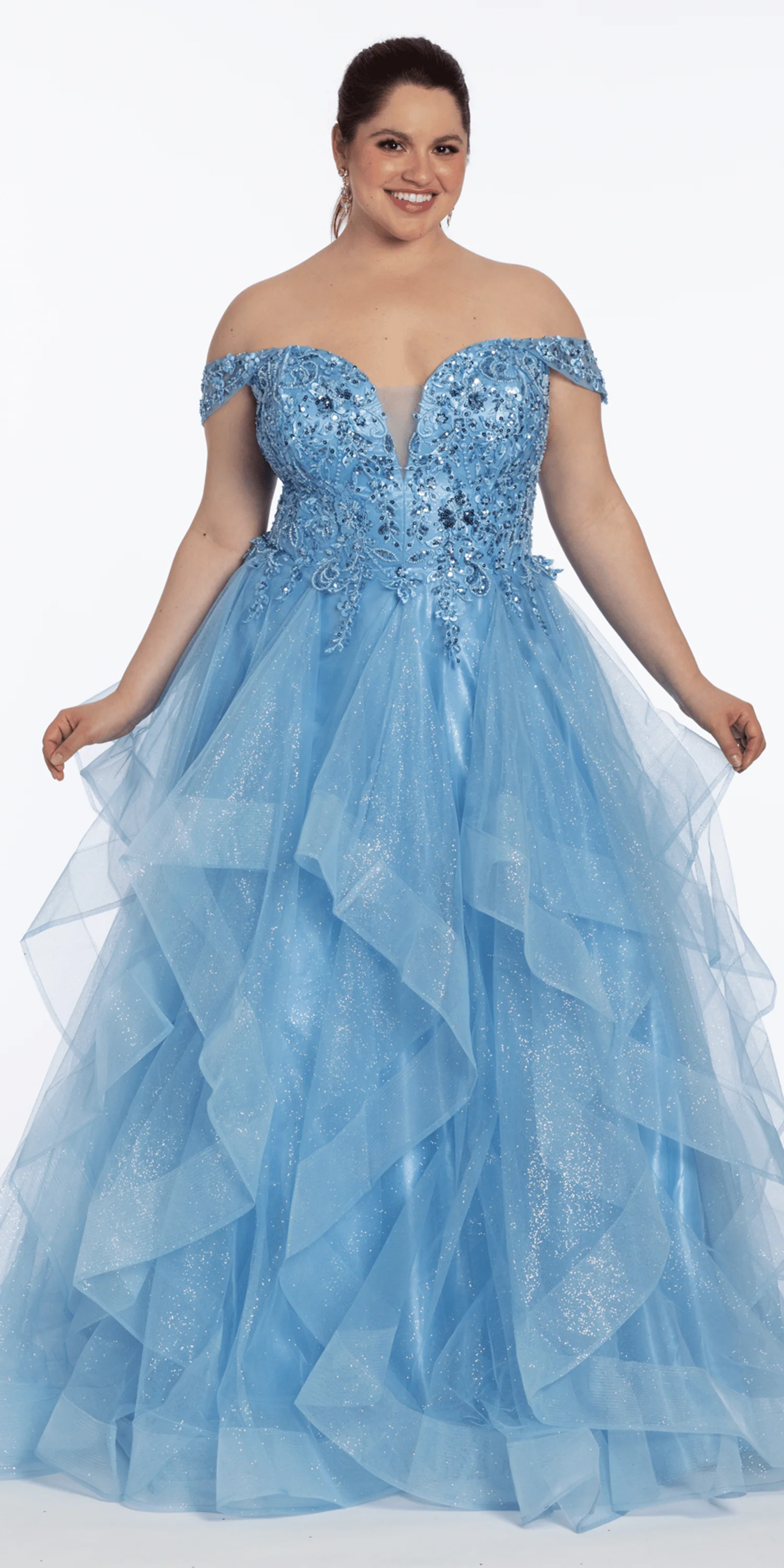 Embroidered Off the Shoulder Beaded Glitter Tulle Tiered Ballgown - Image 4