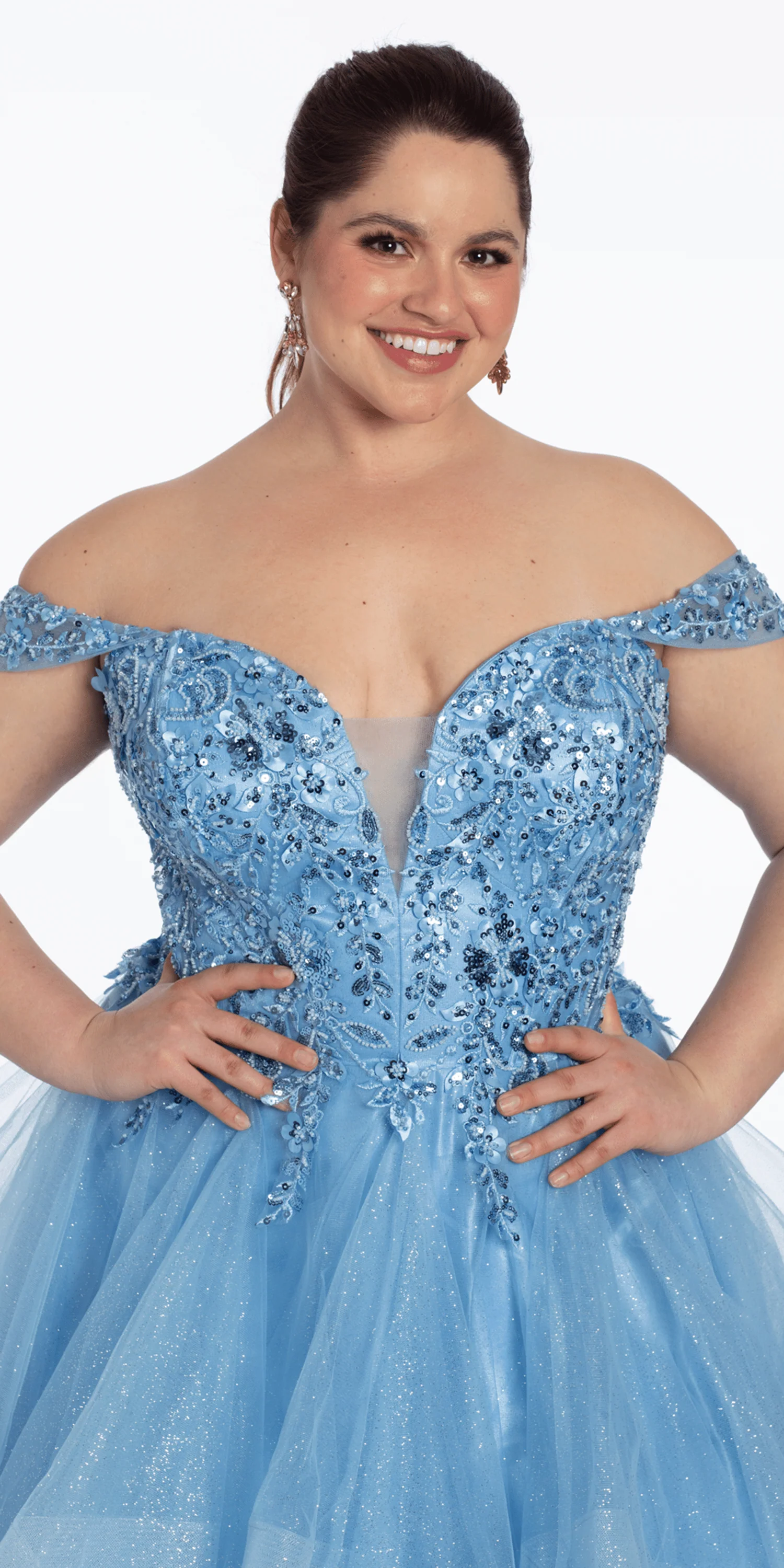 Embroidered Off the Shoulder Beaded Glitter Tulle Tiered Ballgown - Image 6