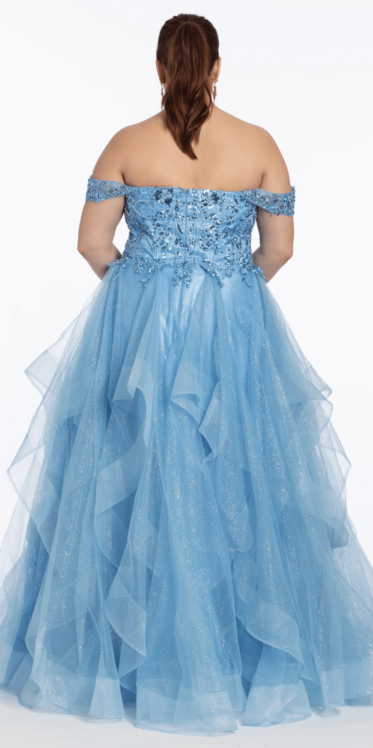 Embroidered Off the Shoulder Beaded Glitter Tulle Tiered Ballgown - Image 8