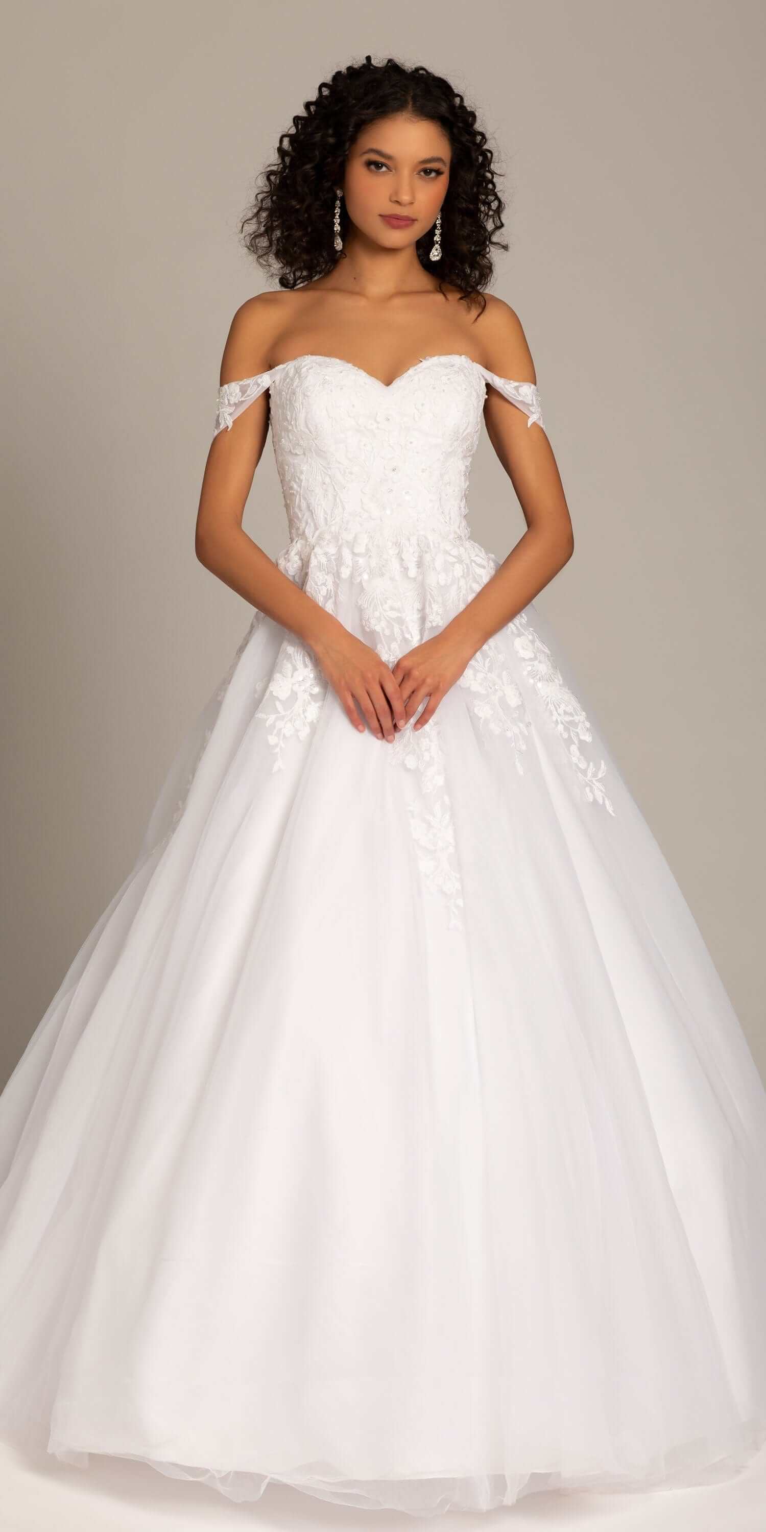 Embroidered Off the Shoulder Tulle Ballgown with Floral Detail - Image 5