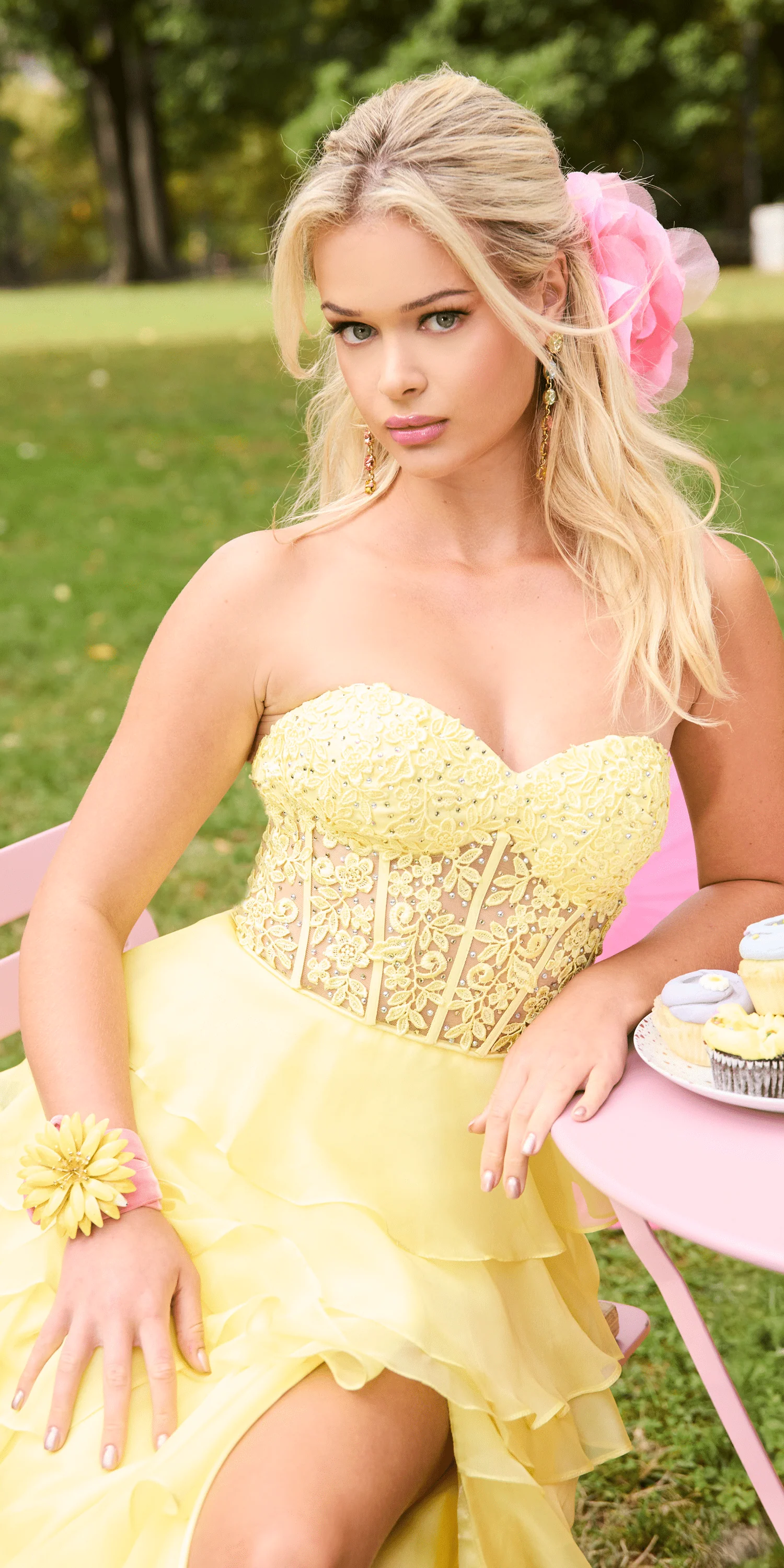 Embroidered Strapless Chiffon Tiered Corset Ballgown - Image 13