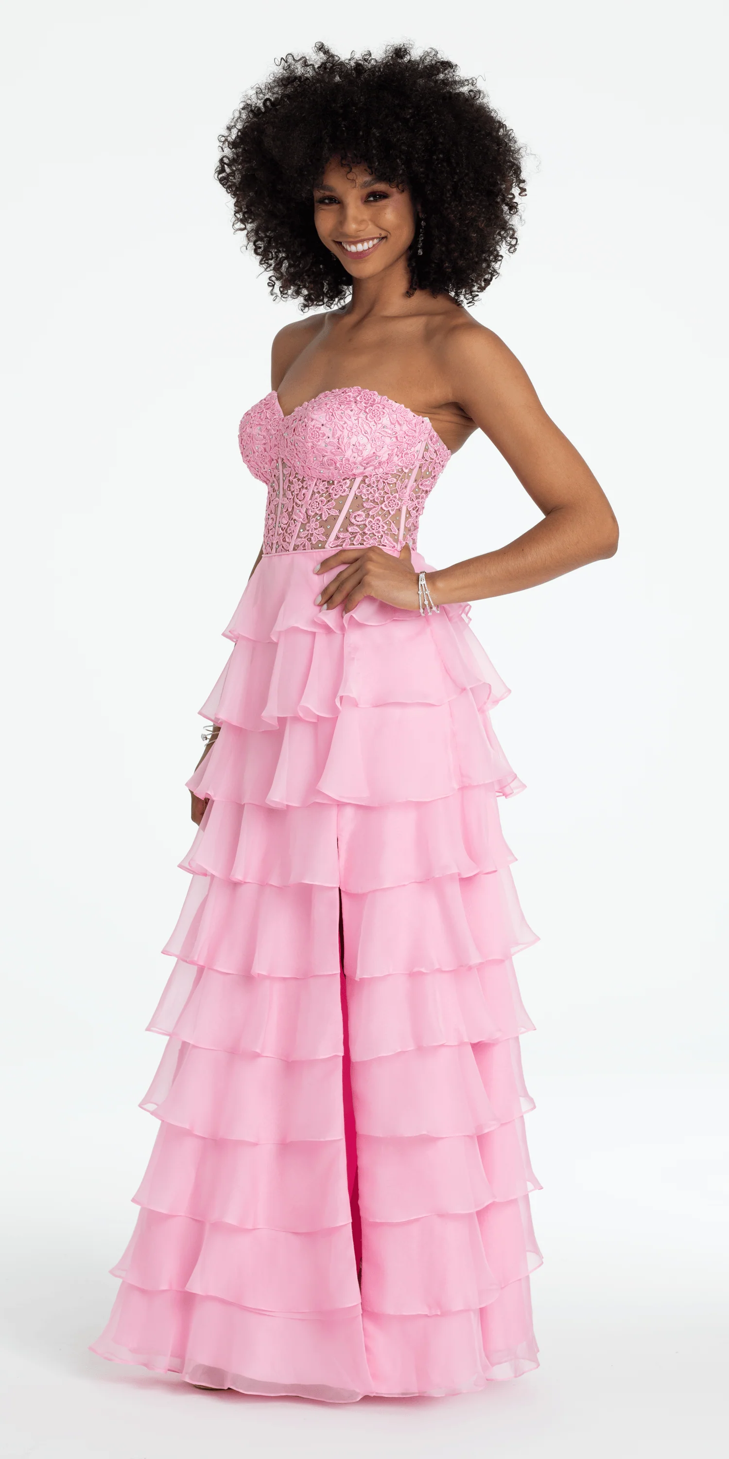 Embroidered Strapless Chiffon Tiered Corset Ballgown - Image 3