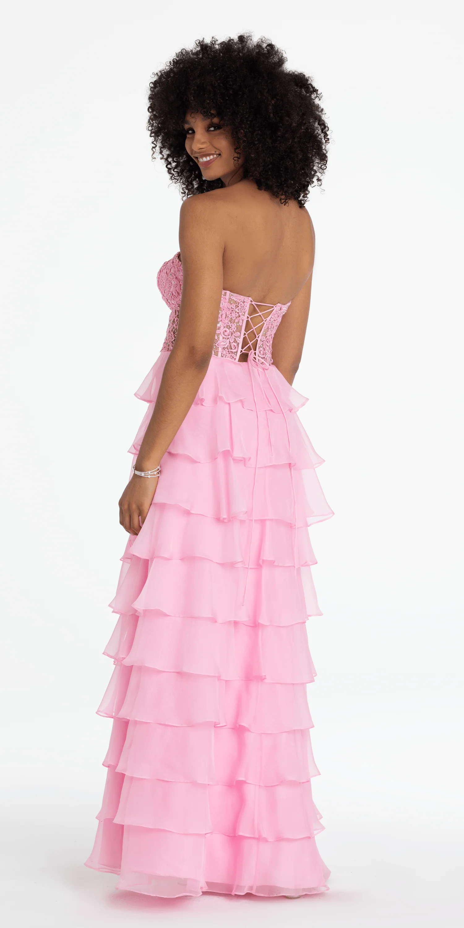 Embroidered Strapless Chiffon Tiered Corset Ballgown - Image 4
