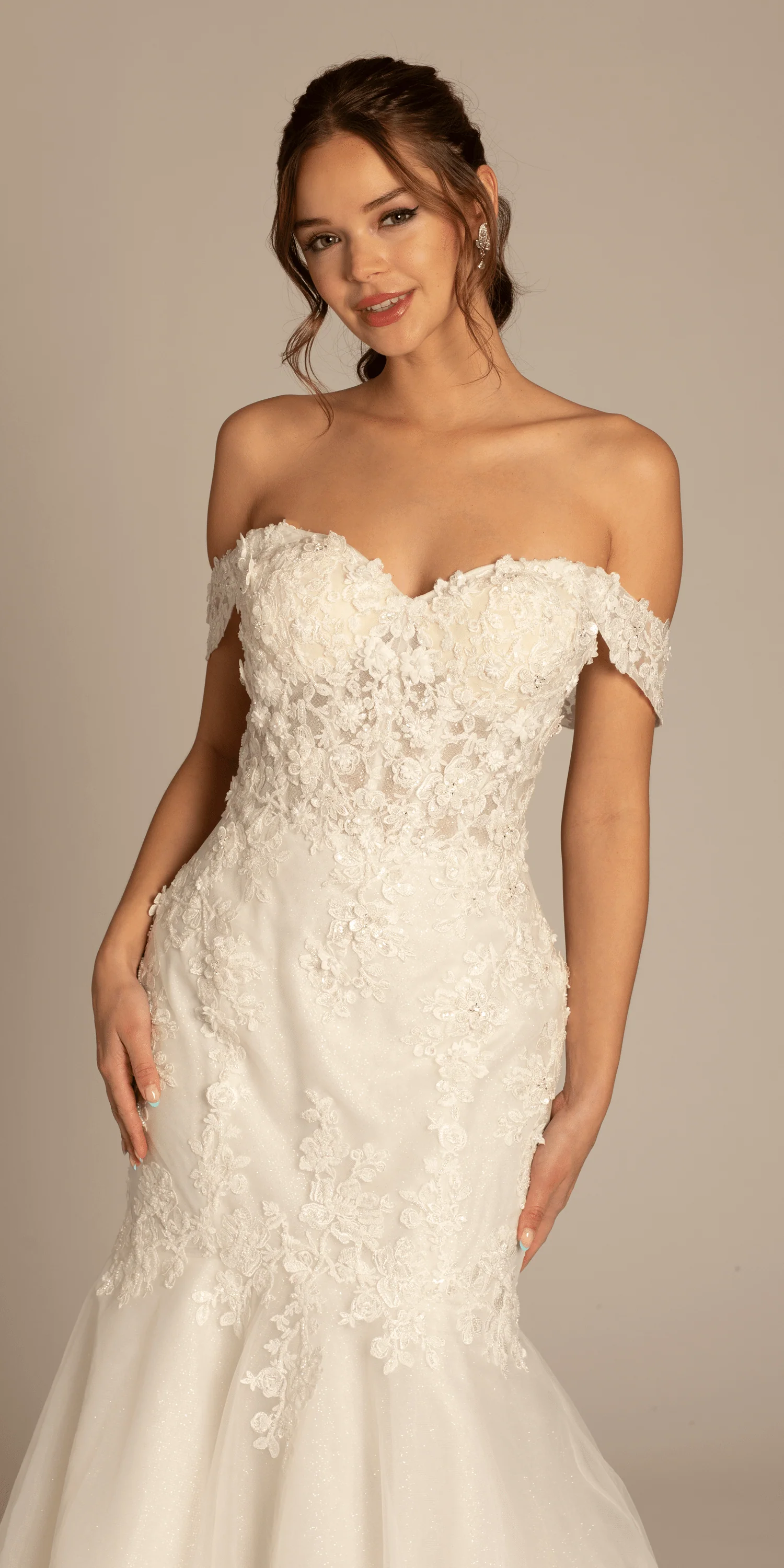 Floral Applique Off the Shoulder Glitter Tulle Mermaid Dress - Image 3