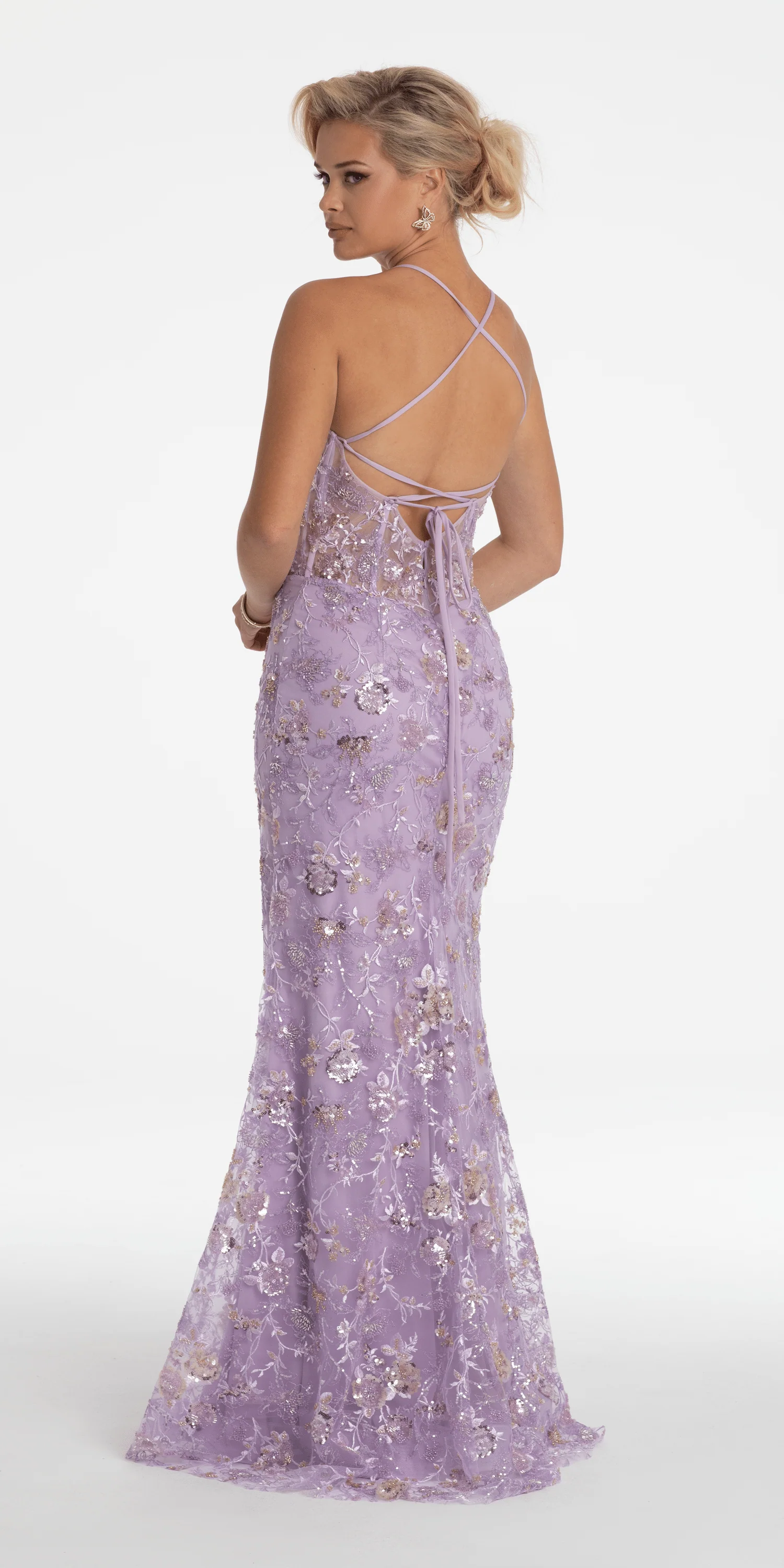 Floral Embellished Mesh Halter Lace Up Back Trumpet Dress - Image 5